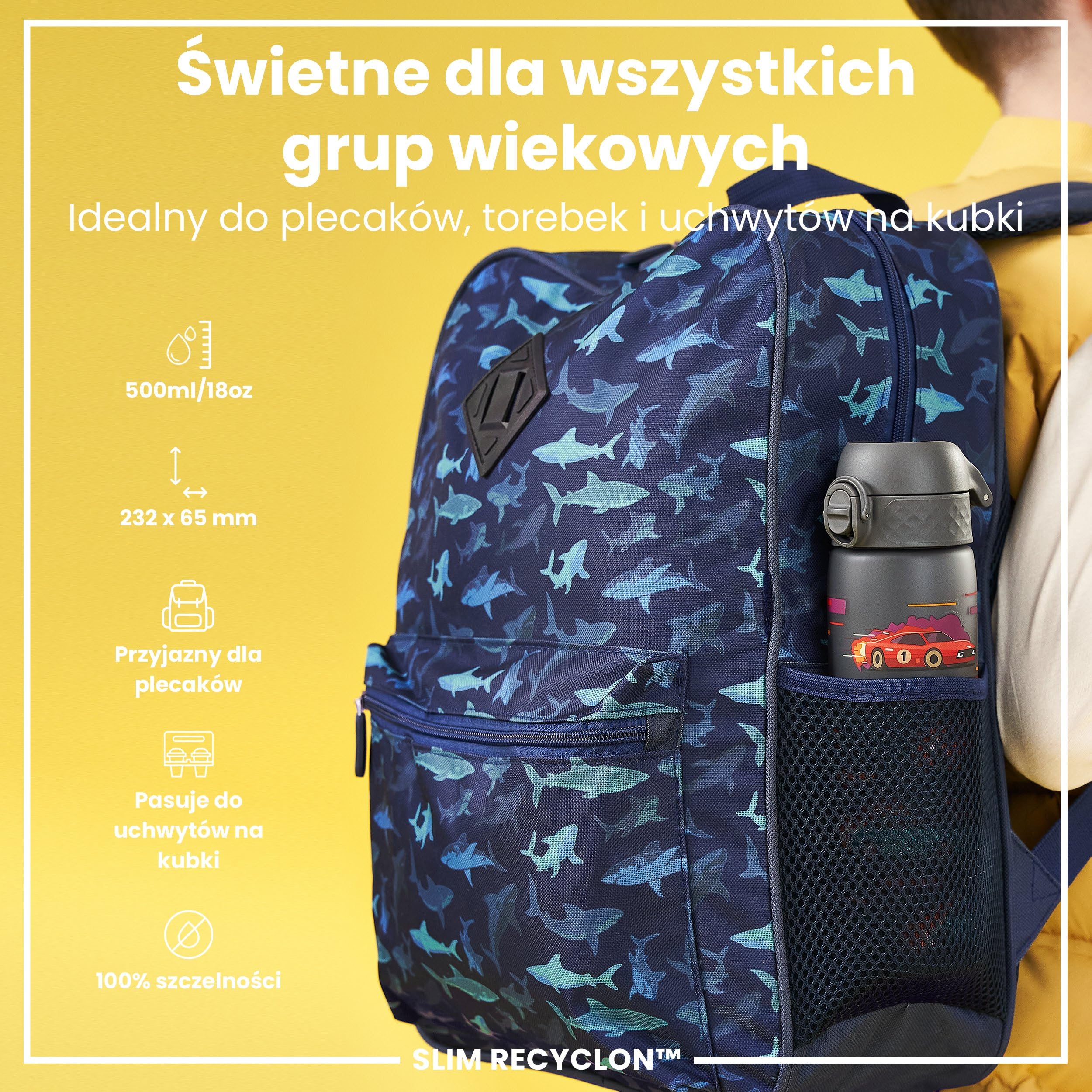 ION8 Butelka na Wodę, 500 ml/18 oz, Szczelna, Łatwe Otwieranie, Bezpieczny Zamek, Można Myć w Zmywarce, Bez BPA, Higieniczne Pokrycie, Uchwyt do Przenoszenia, Łatwa Czyszczenie, Samochody Sportowe