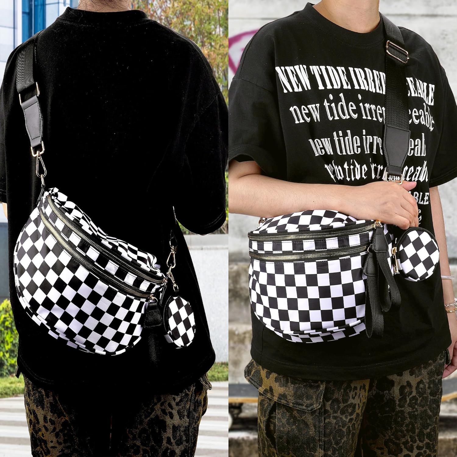 Checkered Crossbody Bag Women - Trendy Sling Fanny Pack with Coin Purse - Water-Repellent Shoulder Bum Bag with Wide Adjustable Strap for Festivals & Travel (Black & White) - Image 3