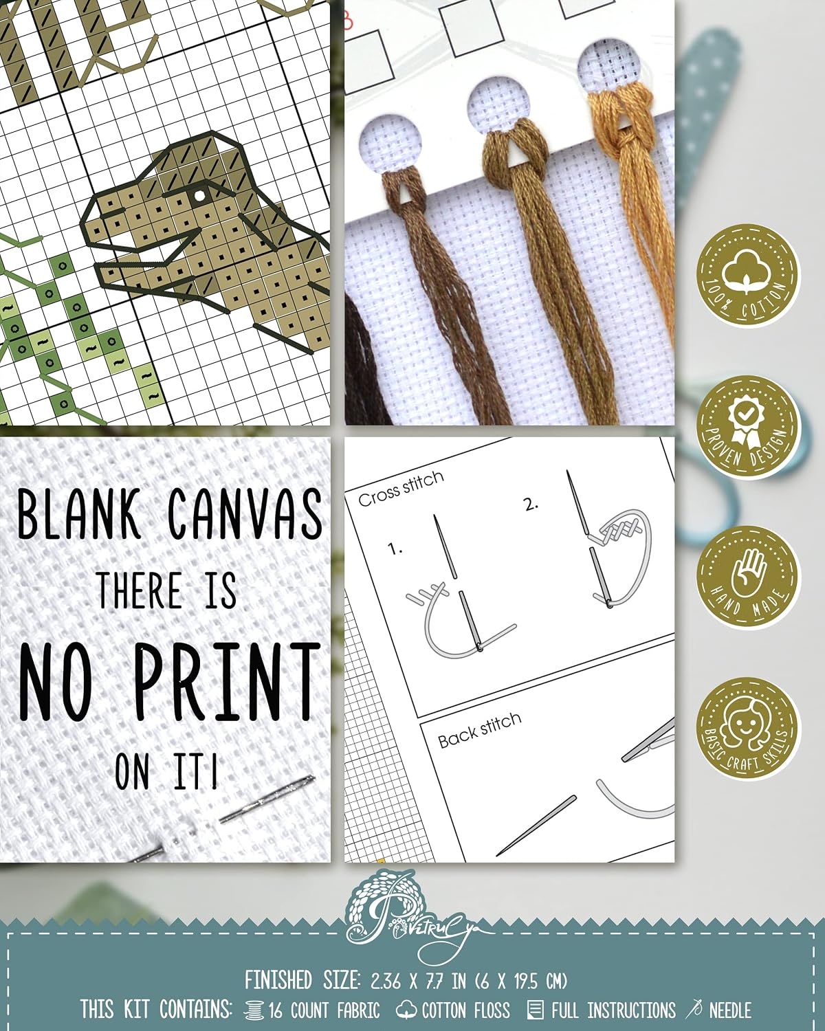 Povitrulya Dinosaur Counted Cross Stitch Kit Brachiosaurus - DIY Bookmark Set for Hand Embroidery