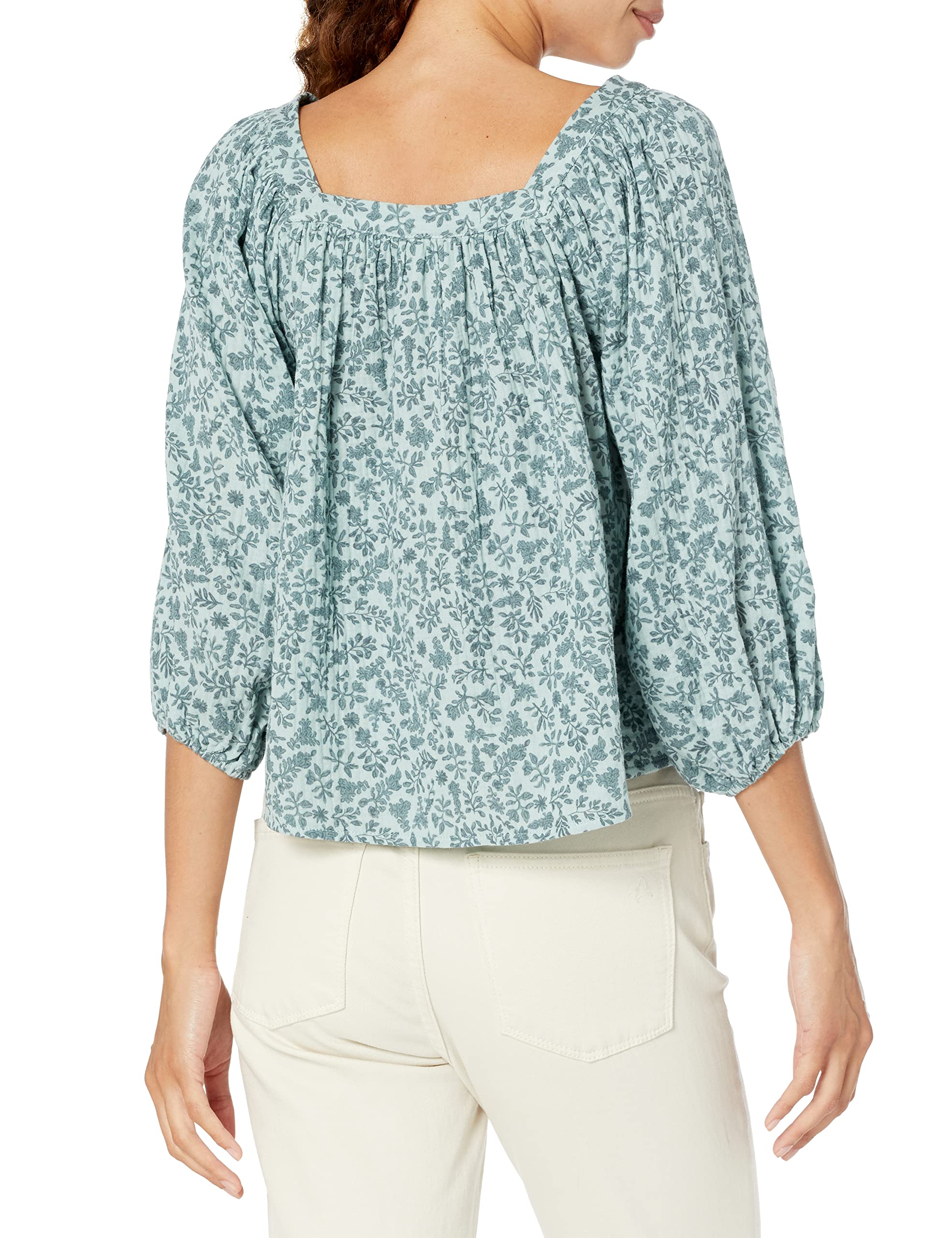 Unionbay Women's Floral Print Square Neck Crinkle Gauze Top, Alpine Air, Medium