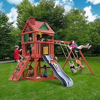 Gorilla Playsets 01-0021-GREY Nantucket II Wood Swing Set with Wood Roof, Two Swings, Grey Slide, Sandbox Area, Rock Wall, Redwood Color