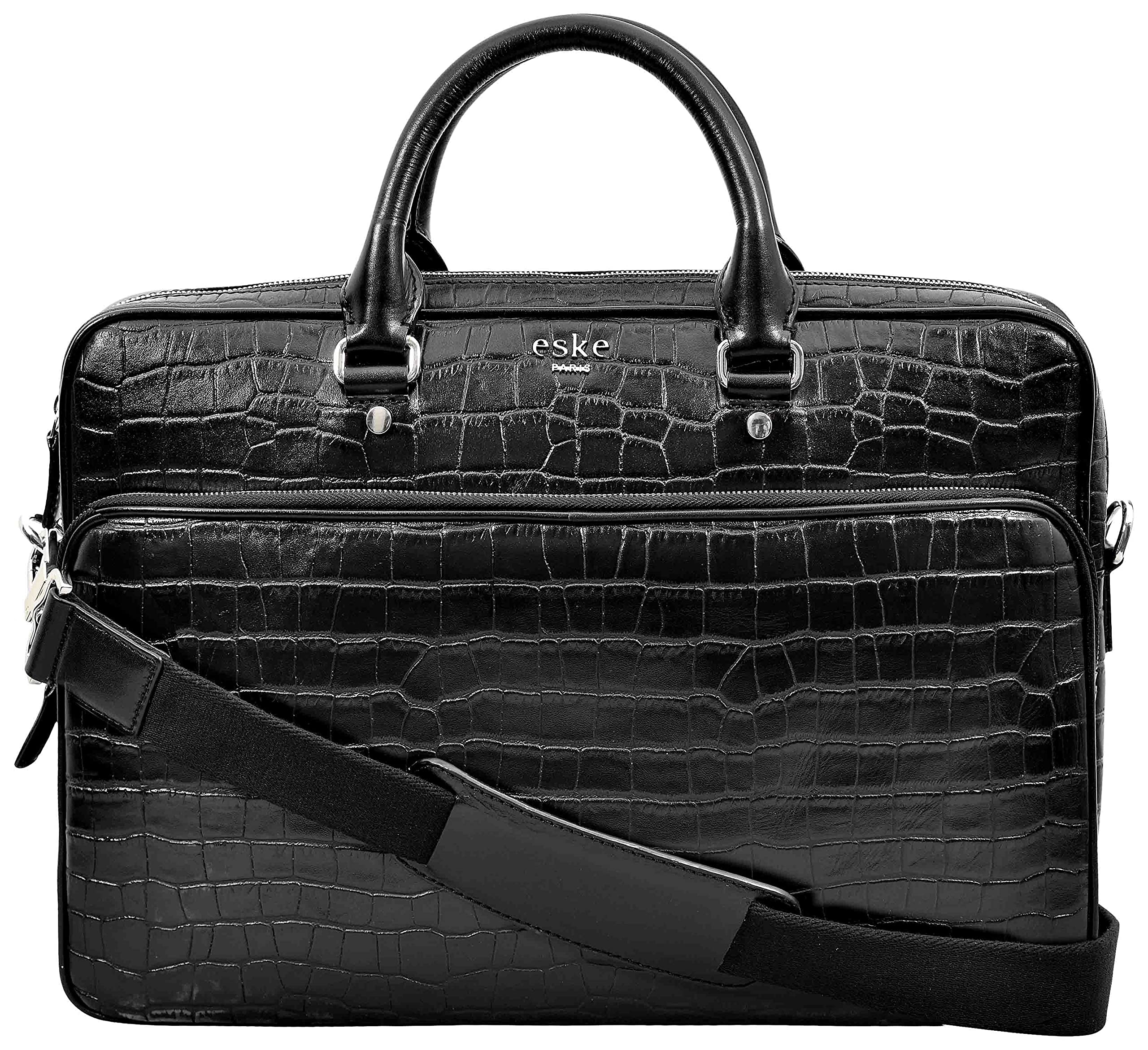 eske Ollie Croco Leather Laptop Briefcase for Men | Fits 16-Inch Laptop | Premium Embossed Leather | Front & Rear Zip Pockets, Trolley Strap, ID Slot, Pen Holders | Office Travel Work Bag