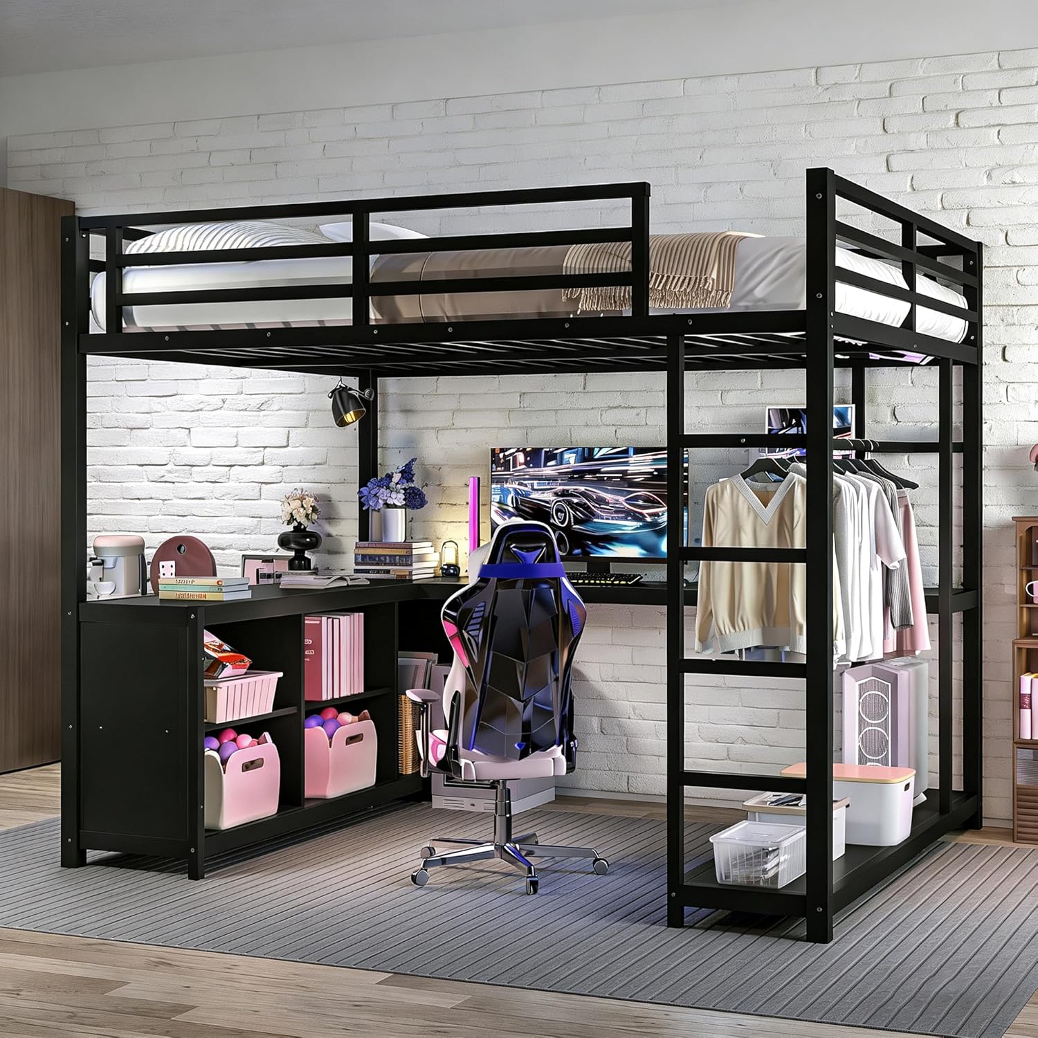 Bellemave Queen Size Loft Bed with L-Shaped Desk & Storage Cubes, Metal Queen Loft Bed Frame with Wardrobe & Shelves for Kids Teens, White