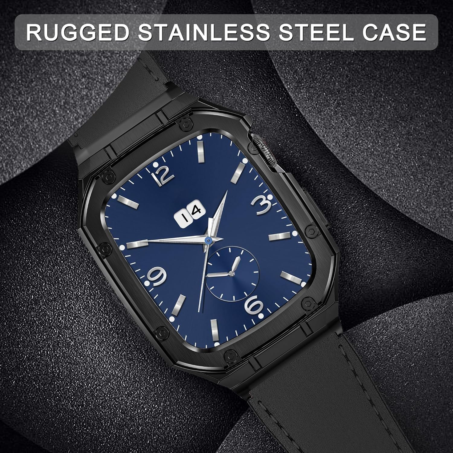 Stainless Steel Case and Leather Band Compatible with Apple Watch 44mm 42mm for Men,Genuine Leather Apple Watch Strap and Metal Cover for iWatch Series 6 5 4 SE 3 2 1,Black