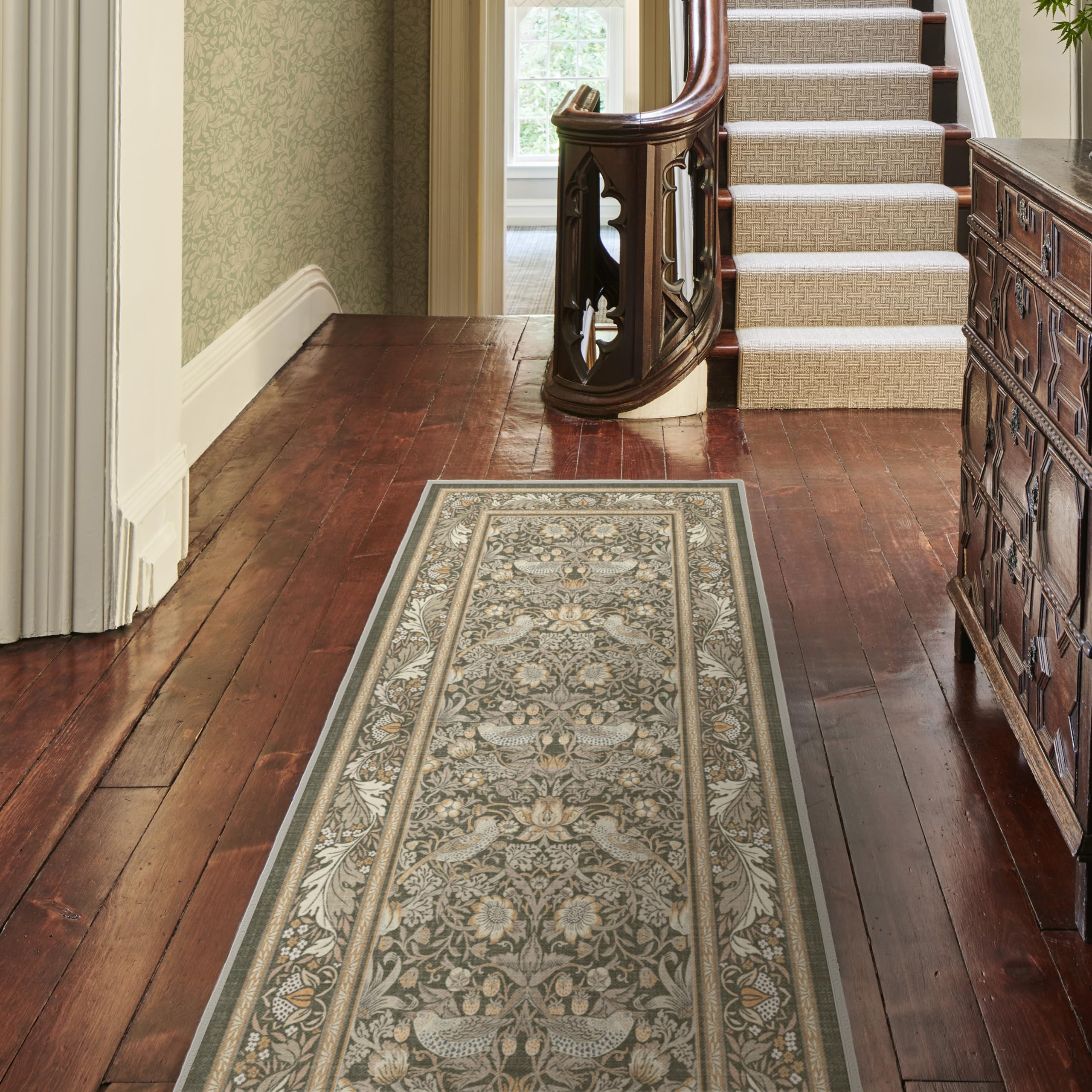 RUGGABLE x Morris & Co Runner Rug - Perfect Bohemian Washable Rug for Kitchen - Non-Slip, Stain Resistant - Strawberry Thief Stone Gold 75cm x 215cm (Standard Pad)