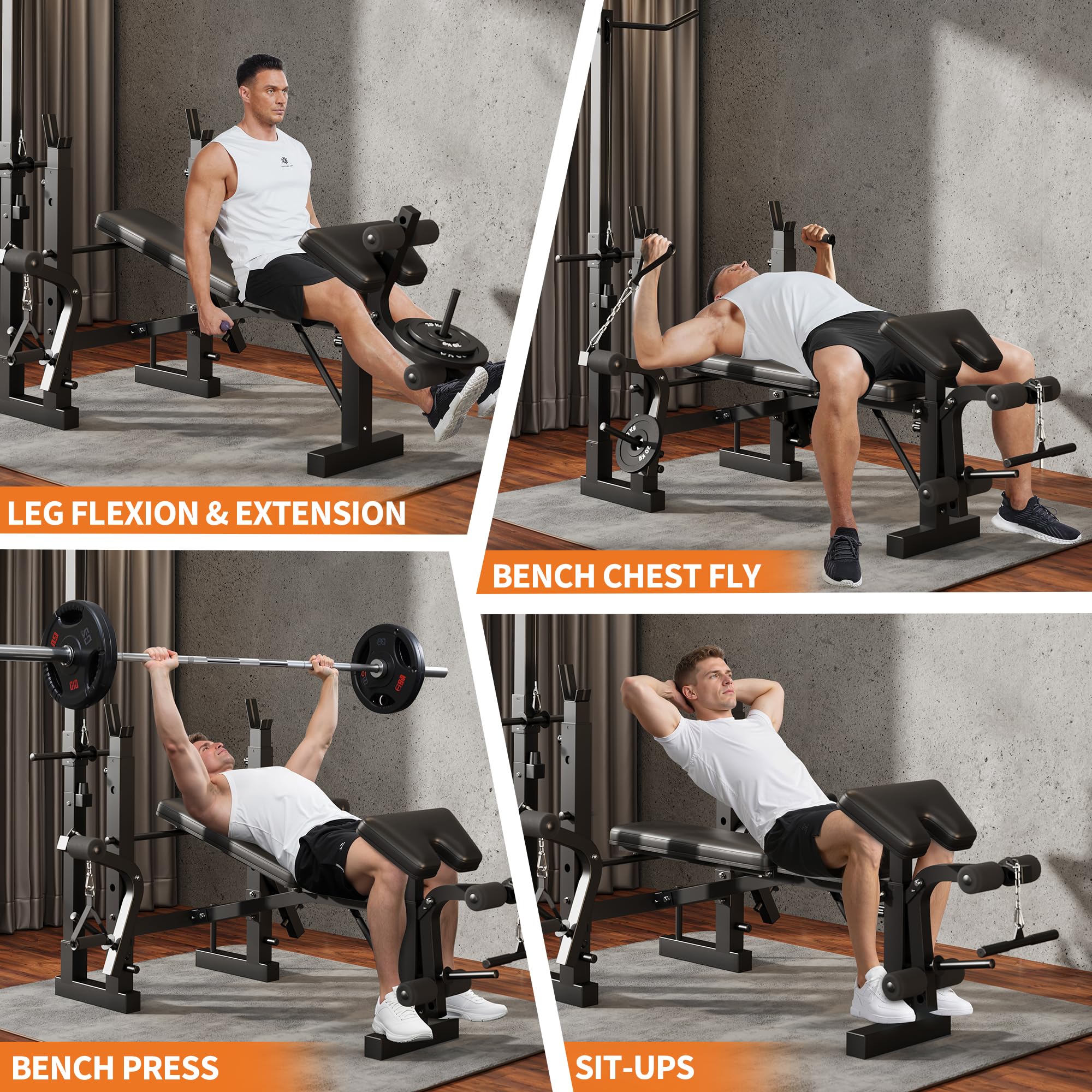 GarveeTech Panca Pesi Regolabile 8 in 1 per Palestra di Casa - Con Rack per Barra, Estensione Gambe, Panca Predicatore e Articolazione Farfalla - Pieghevole, Resistente, Supporta 900 Lb