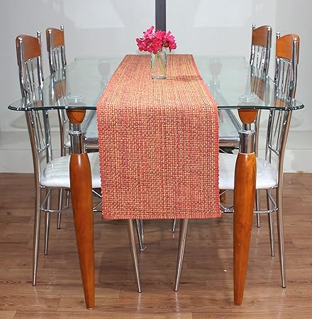Cotton Candy Table Runner for 6 Seater Dining Table, 100% Cotton - 14 x 72 Inches, Orange, Textured Pattern (Handmade)