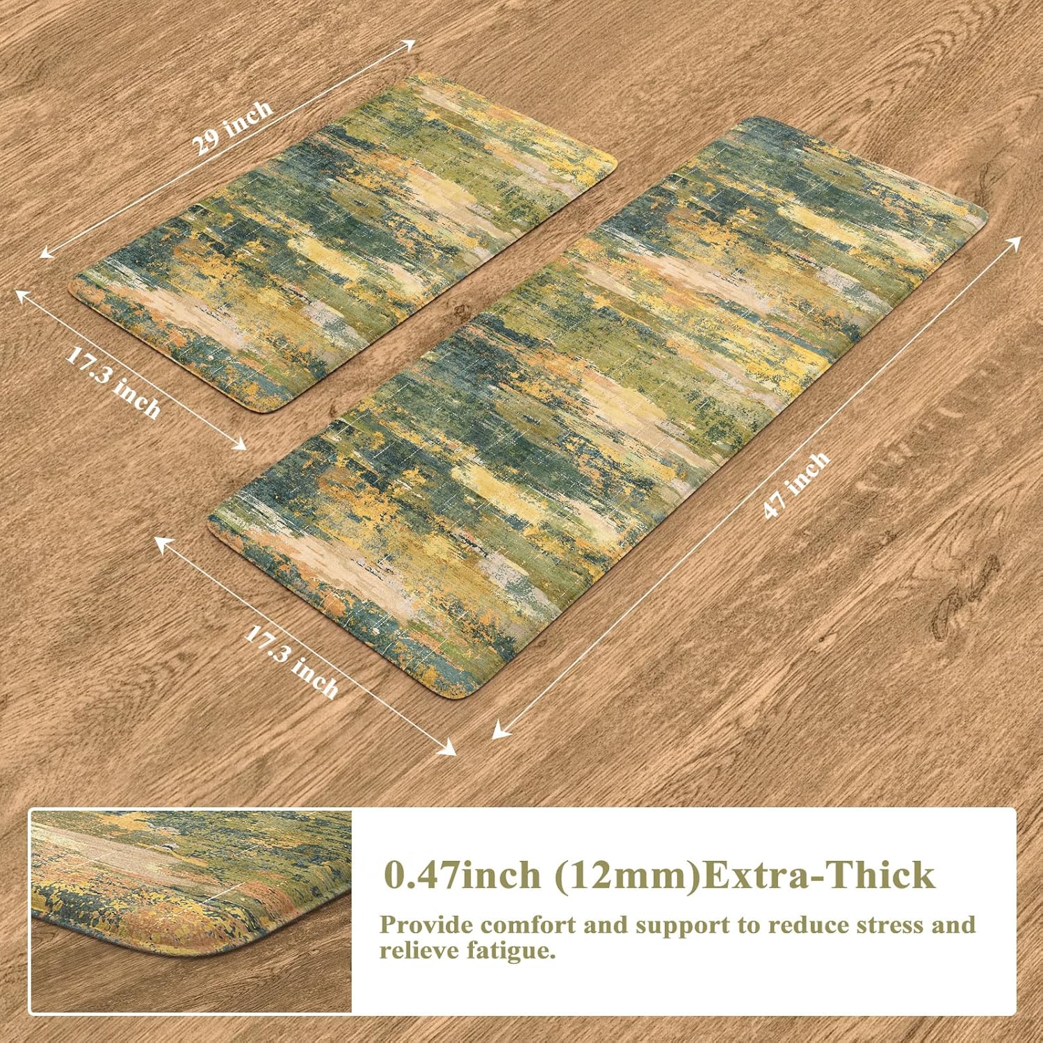 Collive Anti Fatigue Kitchen Rugs Sets of 2, Abstract Non Slip Waterproof Kitchen Mat Modern Runner Rug, Ergonomic Comfort Desk Rugs for Floor, 17"x59"+17"x29" Green/Yellow
