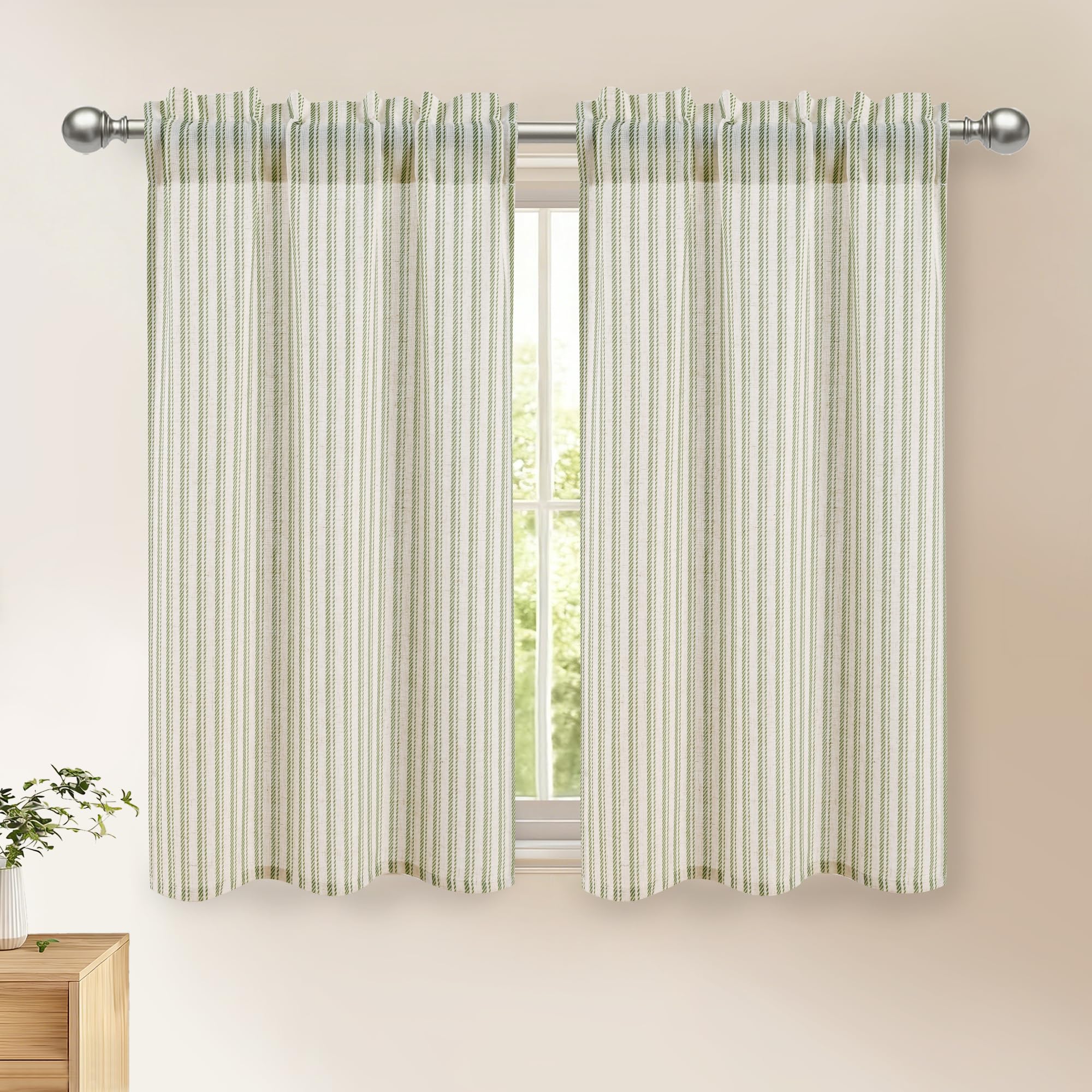DWCN Kitchen Curtains 45 Inch Drop, Short Cafe Curtain Tiers, Cupboard Curtain, Rod Pocket Small Window Curtains, W26 x L45, Green Stripes, 2 Panels