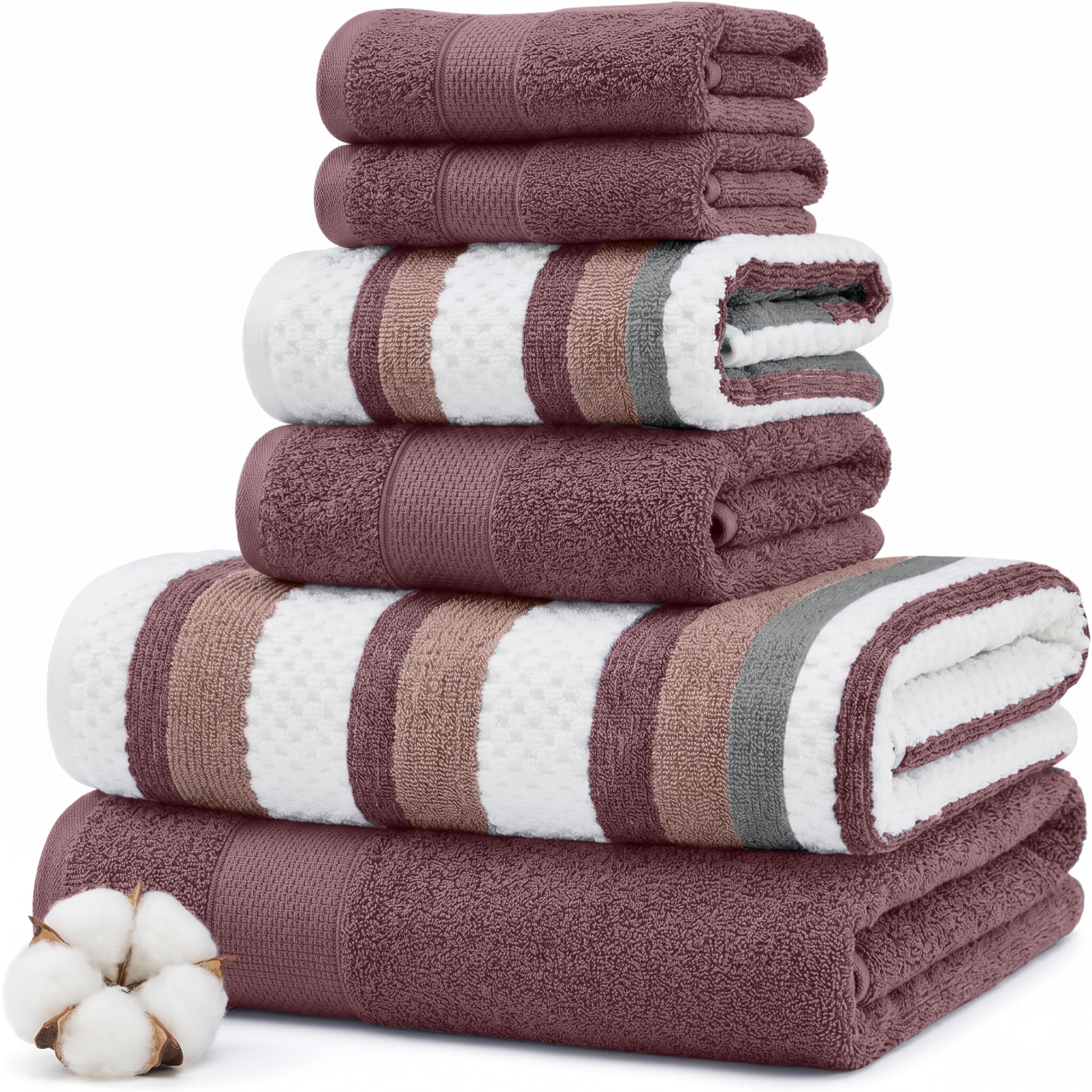 Modern Threads, Pax, Juego de Toallas Reversibles de Jacquard teñidas, Toallas de baño, Mano y paños, súper absorbentes y de Secado rápido, 100% algodón Peinado, 6 Unidades, Rosa Palisandro