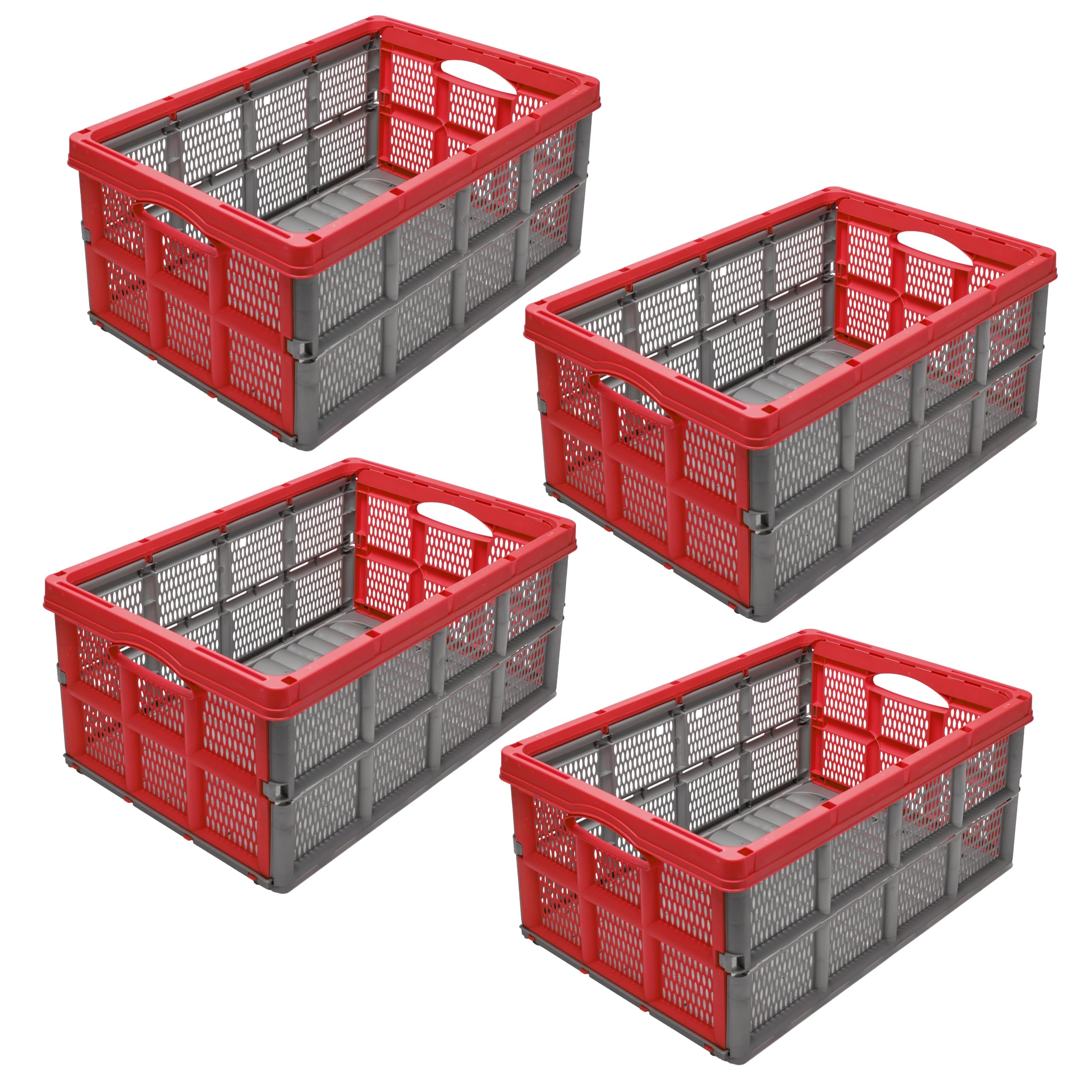 Garronda 4 Pack faltbare Klappbox 51 x 34,5 x 22,5 cm aus Kunststoff HDPE klappbare Aufbewahrungsbox für Transport Lagerung und Ernte im Auto Garten und Haushalt stapelbar GD-0188 (Grau/Rot)