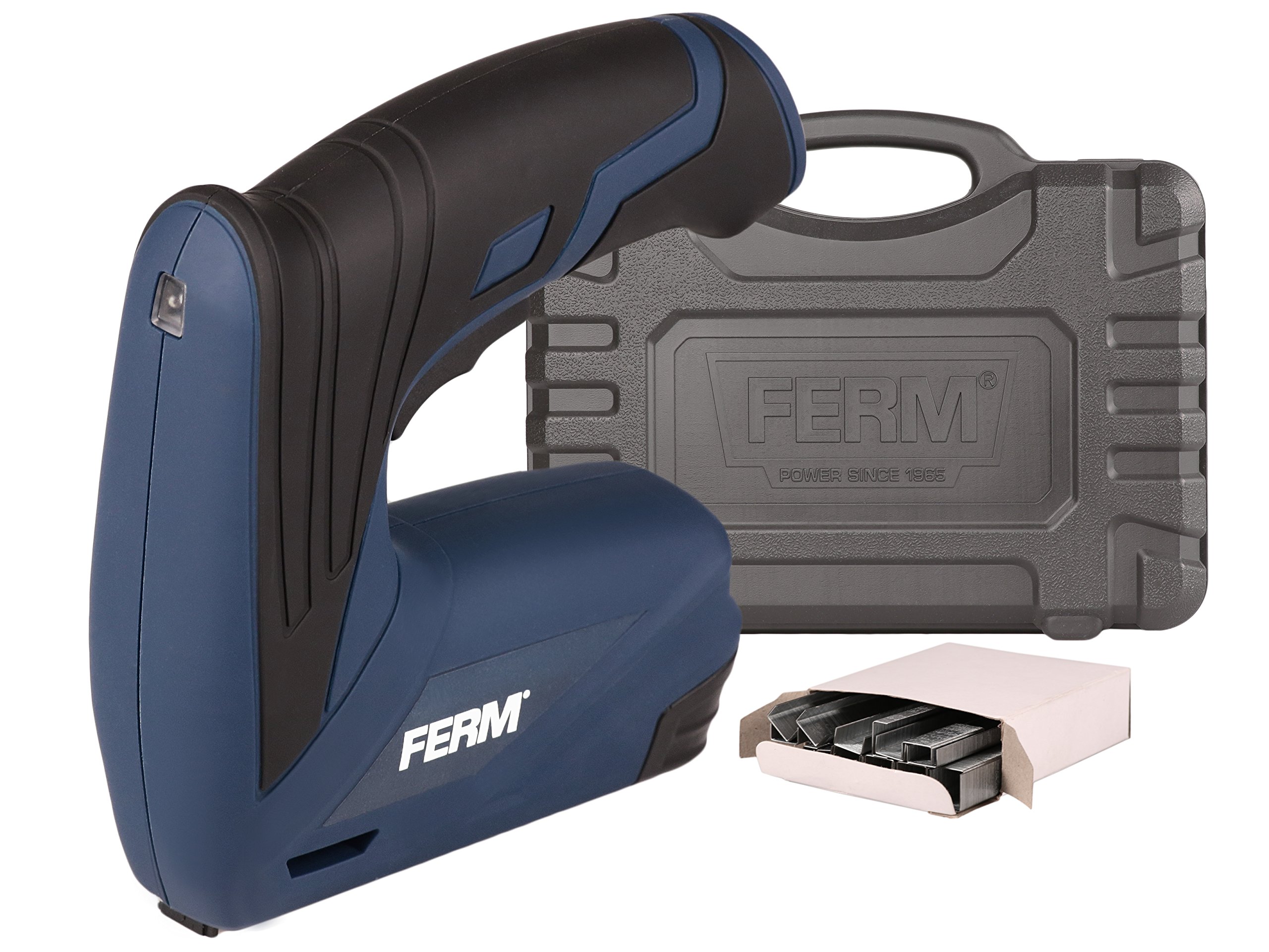 Person using FERM ETM1005 Cordless Stapler on fabric stretched over a wooden frame