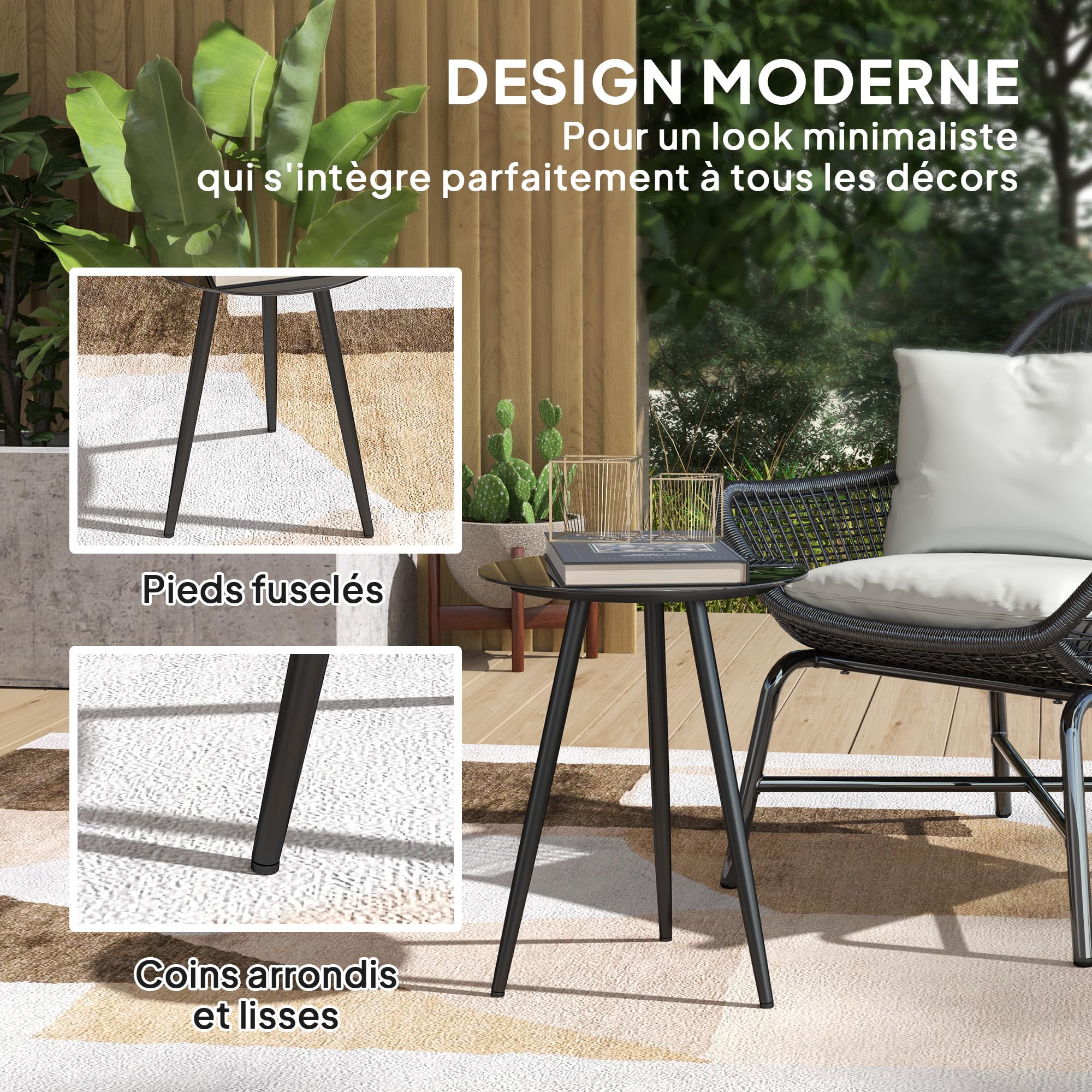 Outsunny Petite Table Basse Ronde, Table d'appoint, Plateau en Verre trempé, Pieds effilés, Cadre en Acier, Table de Jardin pour Balcon, Jardin, terrasse, Salon, Noir