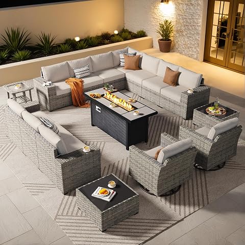 Ovios 16 Pieces Patio Furniture Set with Fire Pit Table and Swivel Chairs, Beige