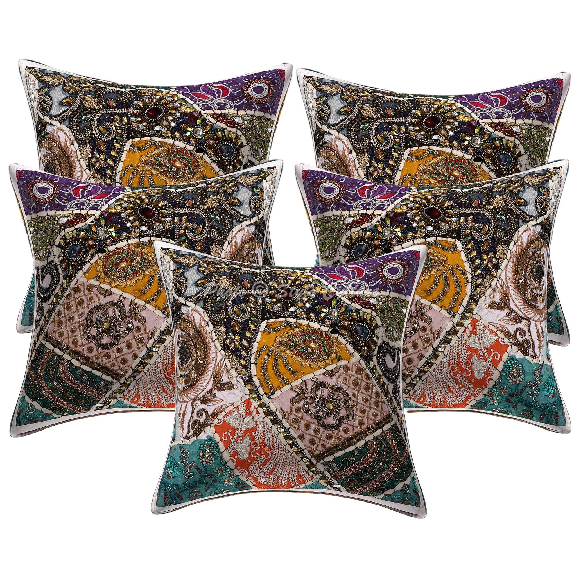 Bohemien Dekorativ Baumwolle Couch Kissenbezüge 40x40 cm Weiß Dekokissen Perlenbestickt Patchwork Schlafzimmer Sofa Kissen Bezüge Halsdesign Quadrat Kissenhullen - 5 STK.
