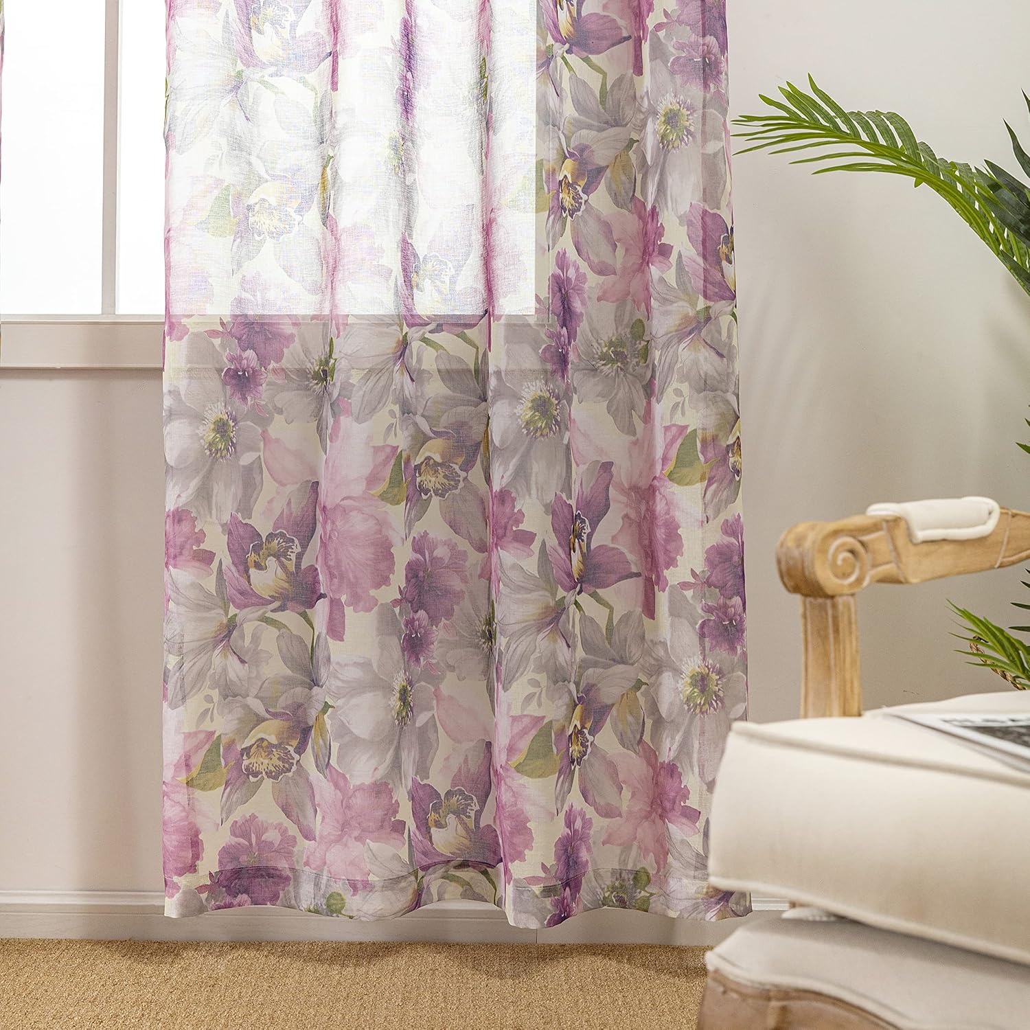 Floral Sheer Curtains 63 Inch Length Purple Flower Printed French Country Semi Sheer Curtain for Girls Bedroom Living Room Linen Look Blossom Patterned Rod Pocket Voile Drapes 2 Panels