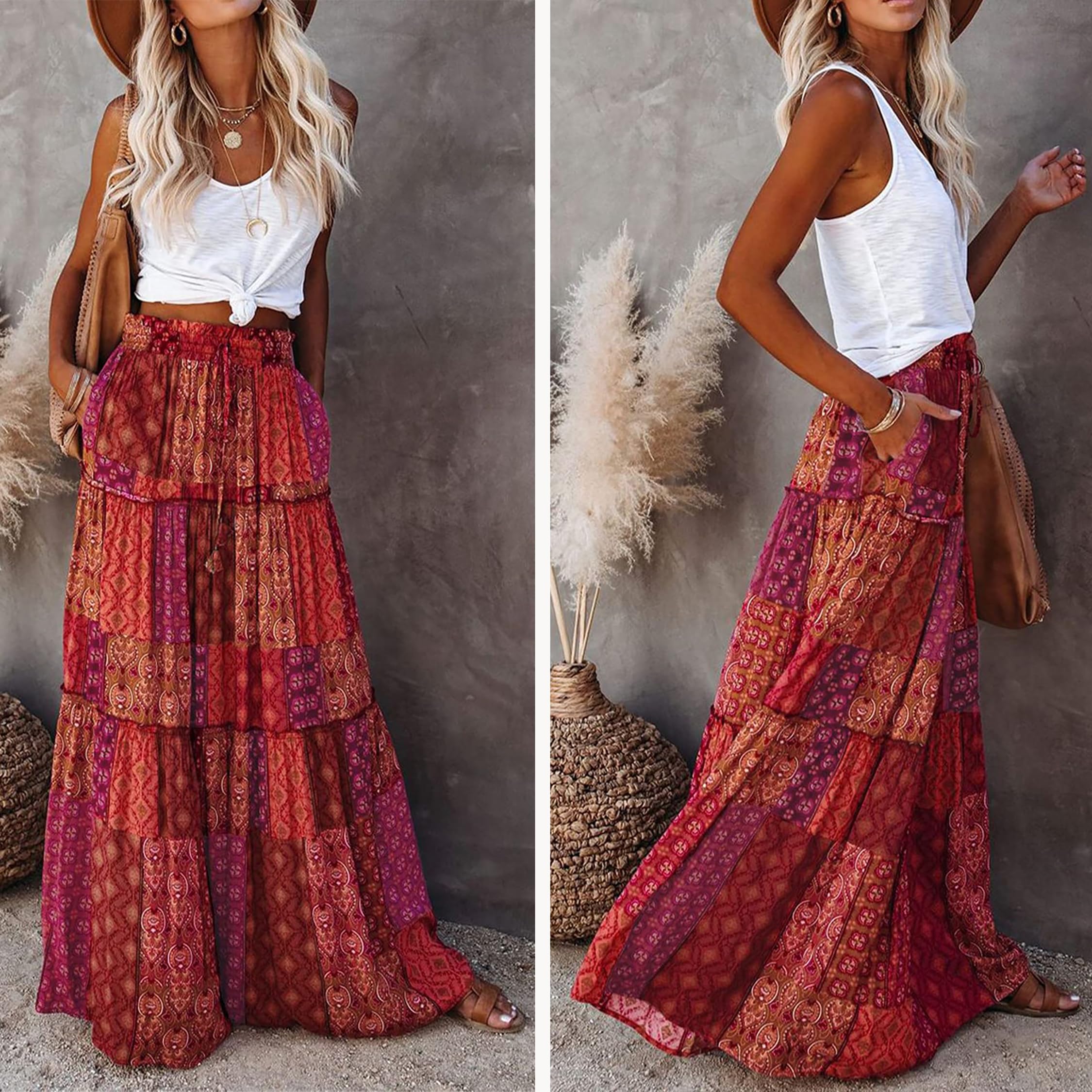 Timuspo Falda larga y elegante para mujer, estilo bohemio, informal, de línea A, color liso, con bolsillos, cintura alta, para la playa, para el tiempo libre