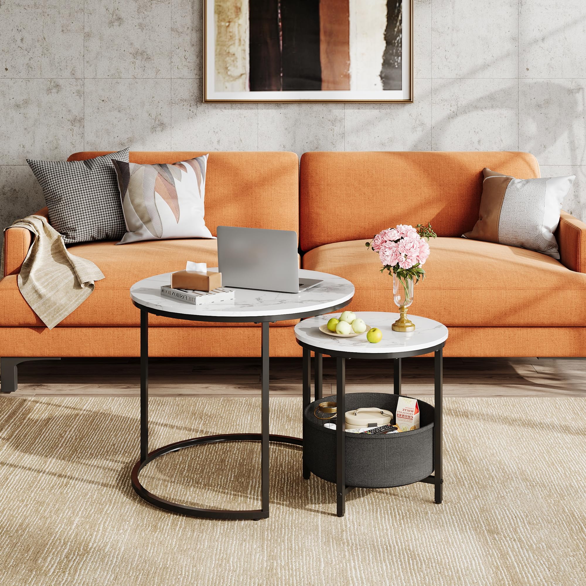 WLIVE Couchtisch 2er Set, Beistelltisch Rund mit Stauraum, Wohnzimmertisch Holz mit Metallrahmen, Sofatisch für Wohnzimmer Schlafzimmer (Marmor Weiß, 60 cm und 40 cm Durchmesser)