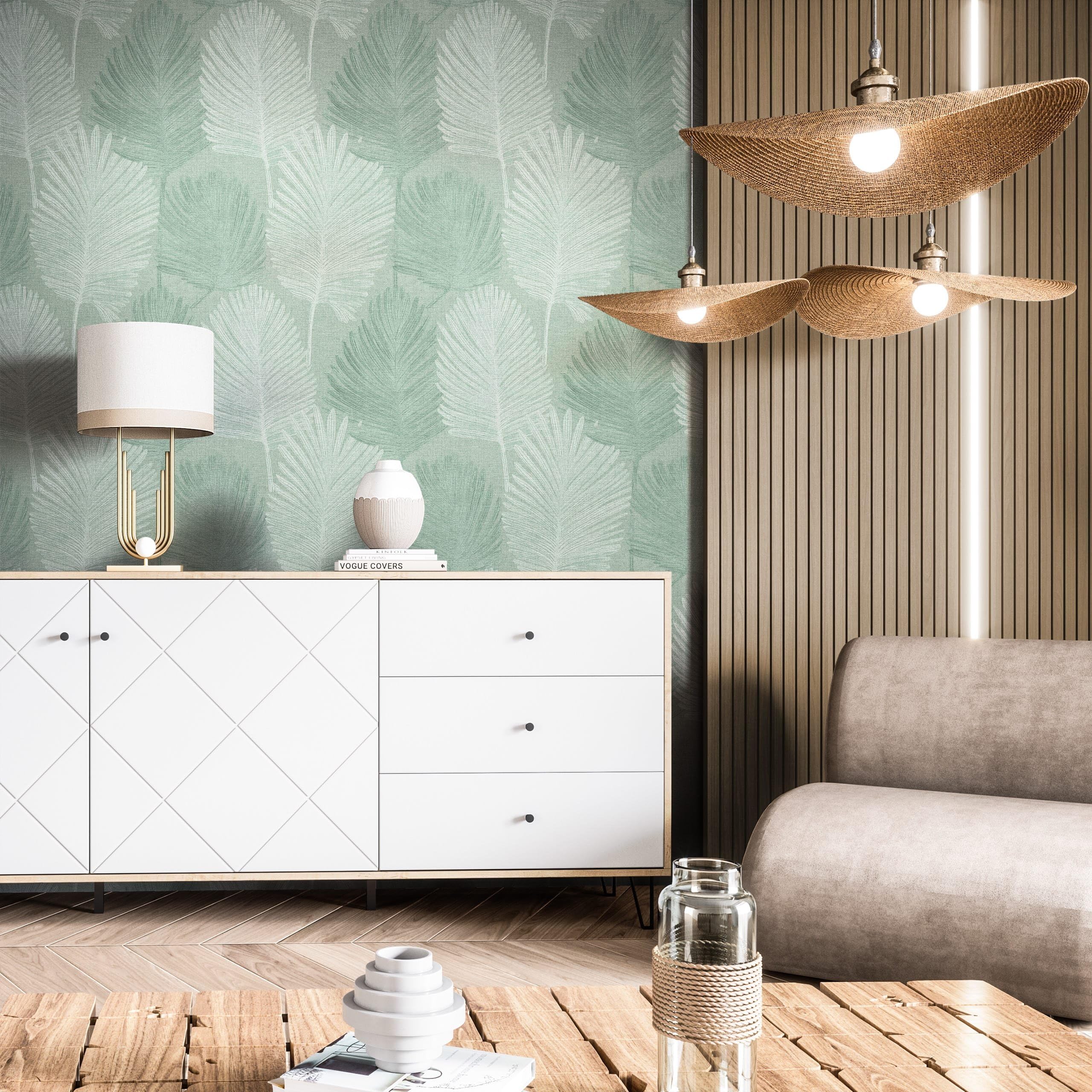 Newroom carta da parati TNT verde foglie di palma soggiorno | fronde verde salvia con trama in lino, effetto opaco cangiante, motivo floreale boho naturale, camera da letto, ingresso
