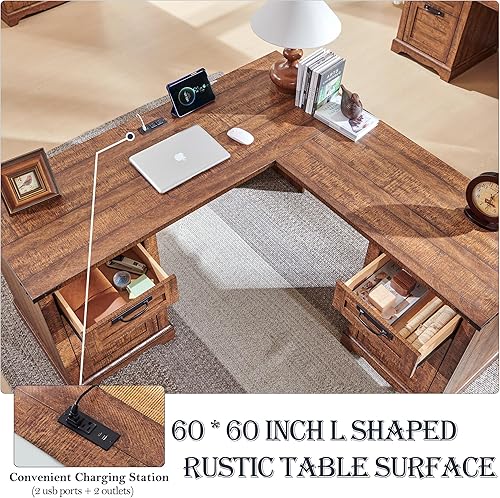 Miniatura 3 de RedLemon Escritorio Ejecutivo en Forma de L Estilo Granja de 60" con Cajones, Escritorio Esquinero de Madera para Oficina en Casa con Estación de