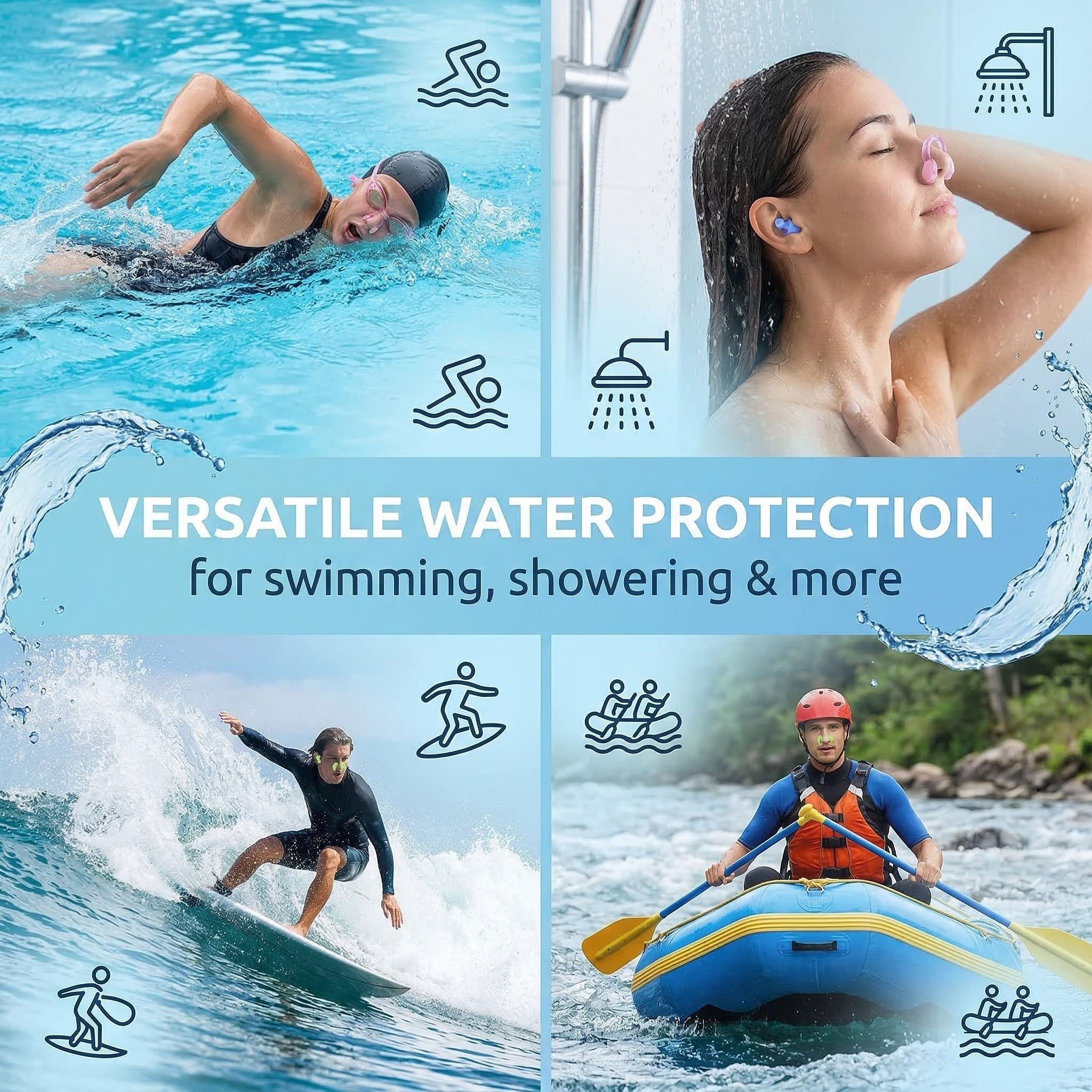 Pack de 3 Juegos de Tapones para Oídos y Pinzas para la Nariz de Natación, Silicona, Impermeable, Adultos y Niños