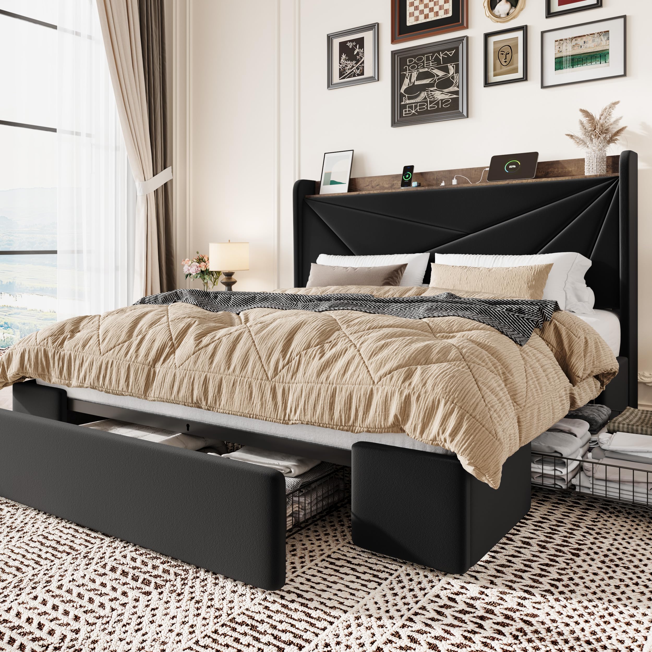 Queen Bed Frame with 3 Drawers, USB & Type-C Charging Ports, Velvet Upholstered Platform Bed with Modern Geometric Wingback Storage Headboard, No Box Spring Needed, Easy Assembly, Black, Incomplete Does Not Have Headboard! 