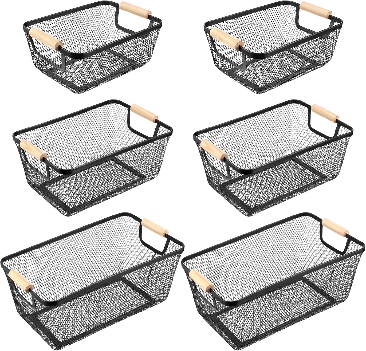 Maxcheck 6 Pack 3 Size Metal Wire Baskets Wooden Handles Steel Mesh Storage Bins