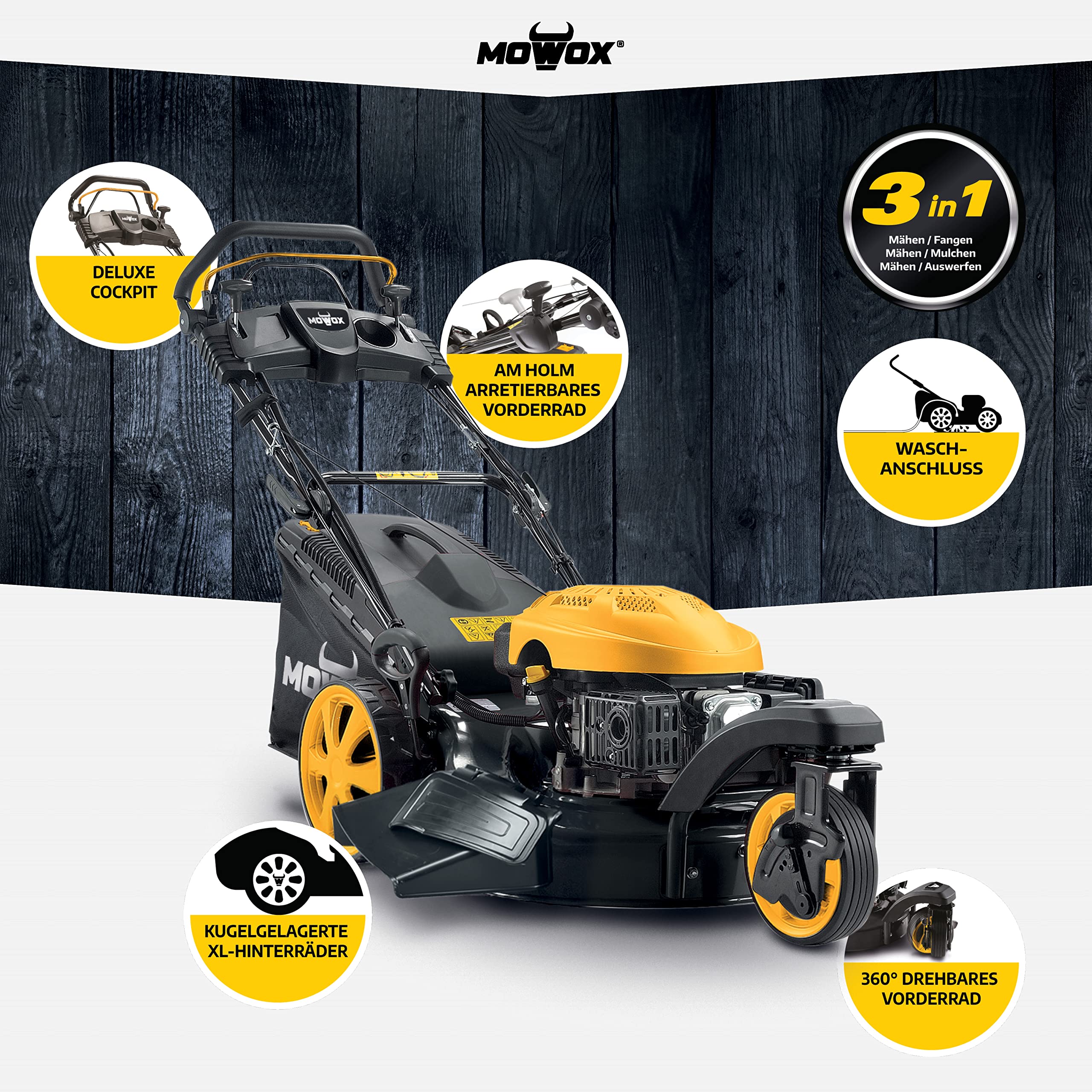 mowox PM 5160 se Trike, de 3 rädriger selbstfahrender con cortacésped de Gasolina, Arranque eléctrico, min. 2,9 kW/2800 RPM, 51 cm, 60L Bolsa para Hierba, rodamiento Ruedas