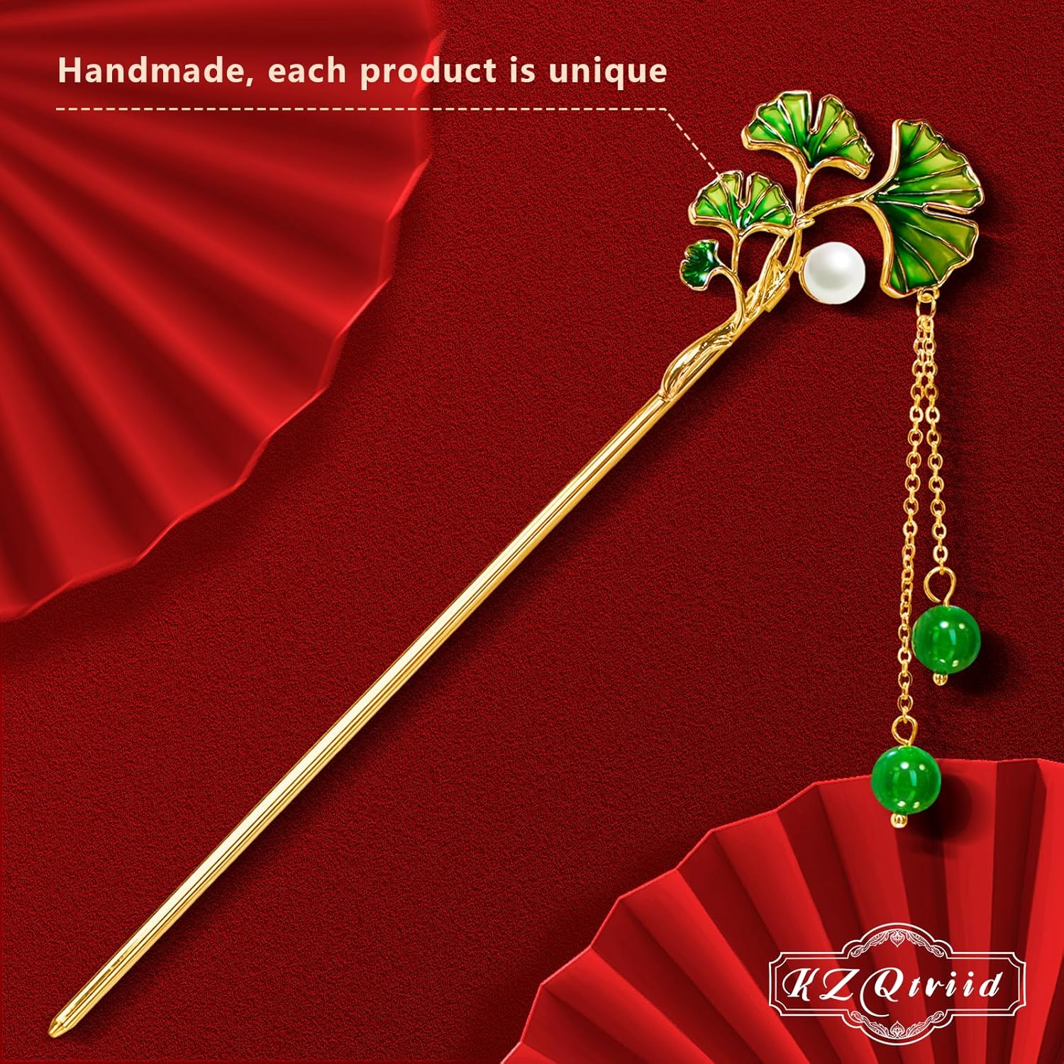 Hair Accessories，14k Gold Plated Copper， Vintage Handcrafted， Colour Enamels Ginkgo Leaf Jade Bead Tassels Hair Stick，Hair Clip. 6.69" Hair Chopsticks For Women