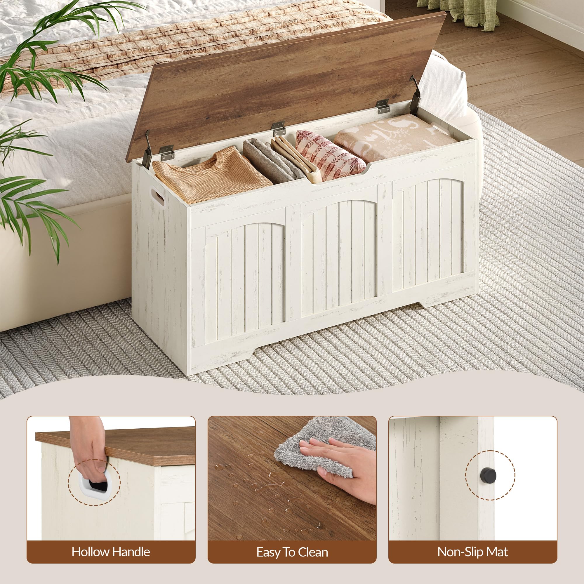 Cassapanca, Cassapanca Contenitore in Legno, Panca Contenitore con Cerniere di Stabilità, per Ingresso, Camera da Letto, Soggiorno, 100 x 40 x 48 Cm, Bianco e Marrone FFXD103PWR1