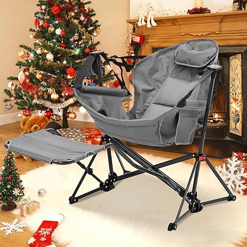 GDY Sillas de campamento para patio, hamaca de gran tamaño, mecedoras plegables, sillas oscilantes con respaldo ajustable, soporte para tazas,