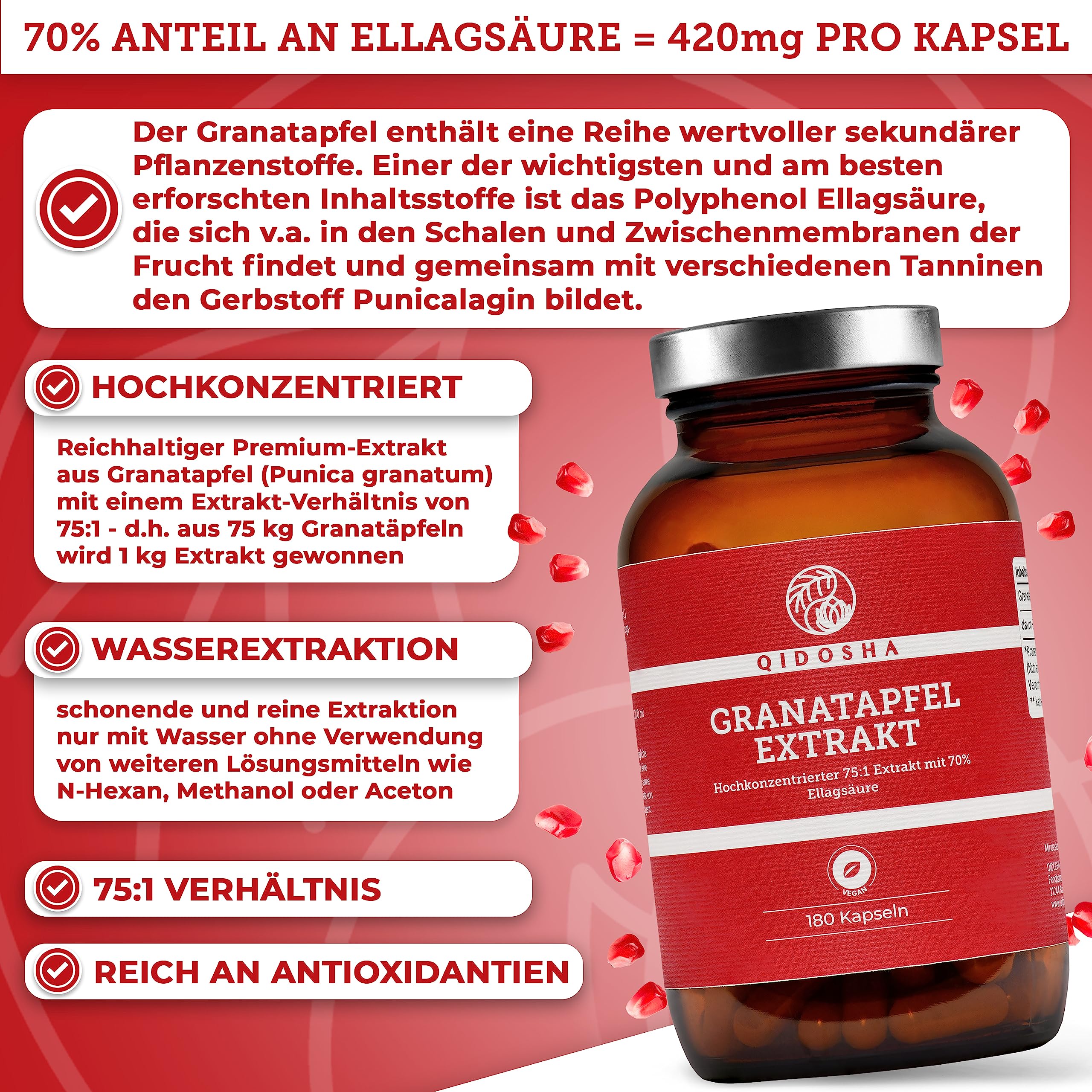 QIDOSHA® Granatapfel Extrakt Kapseln hochdosiert, 70% Ellagsäure, 180 Stk/Glas, 75:1 Premium-Extrakt mit 1800mg Granatapfel Extrakt je Tagesportion, vegan, deutsche Fertigung