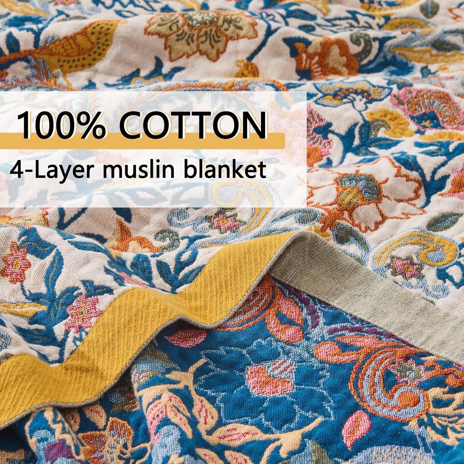 King Size Boho Throw Blanket 90"x98", Spring Throws Blankets,Reversible Muslin Blanket XXL Large 100% Cotton Lightweight 4-Layer Woven Boho Quilt Blanket for Bed - Image 5