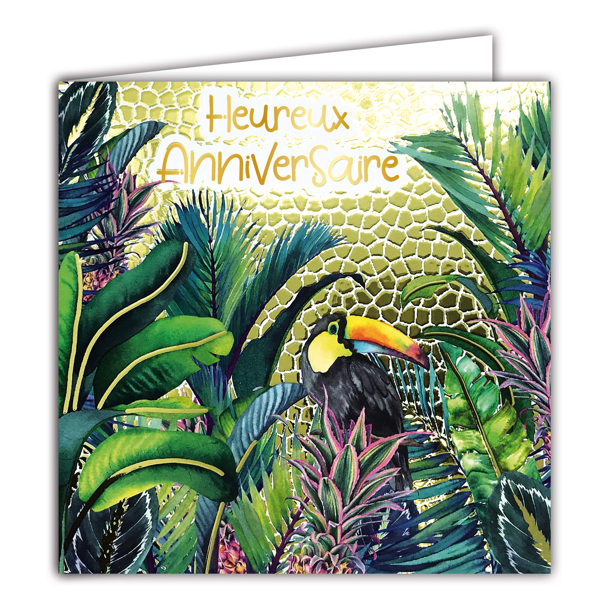 Afie 22059 Square Happy Birthday Card Toucan Bird on Gold Shiny Textured Embossed Tropical Exotic Jungle Background