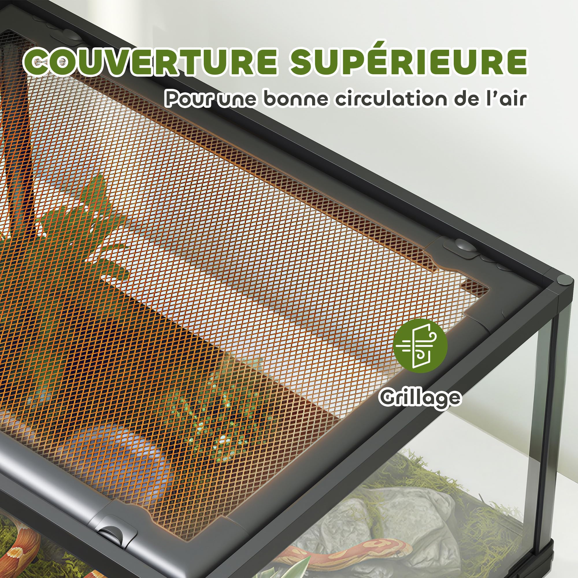 PawHut Terrarium en Verre pour Reptiles 86 L, Ventilation supérieure, Porte coulissante avec Serrure Anti-Fuite, enclos pour lézards, Insectes, Serpents, araignées et Geckos, 60x45x32cm, Noir