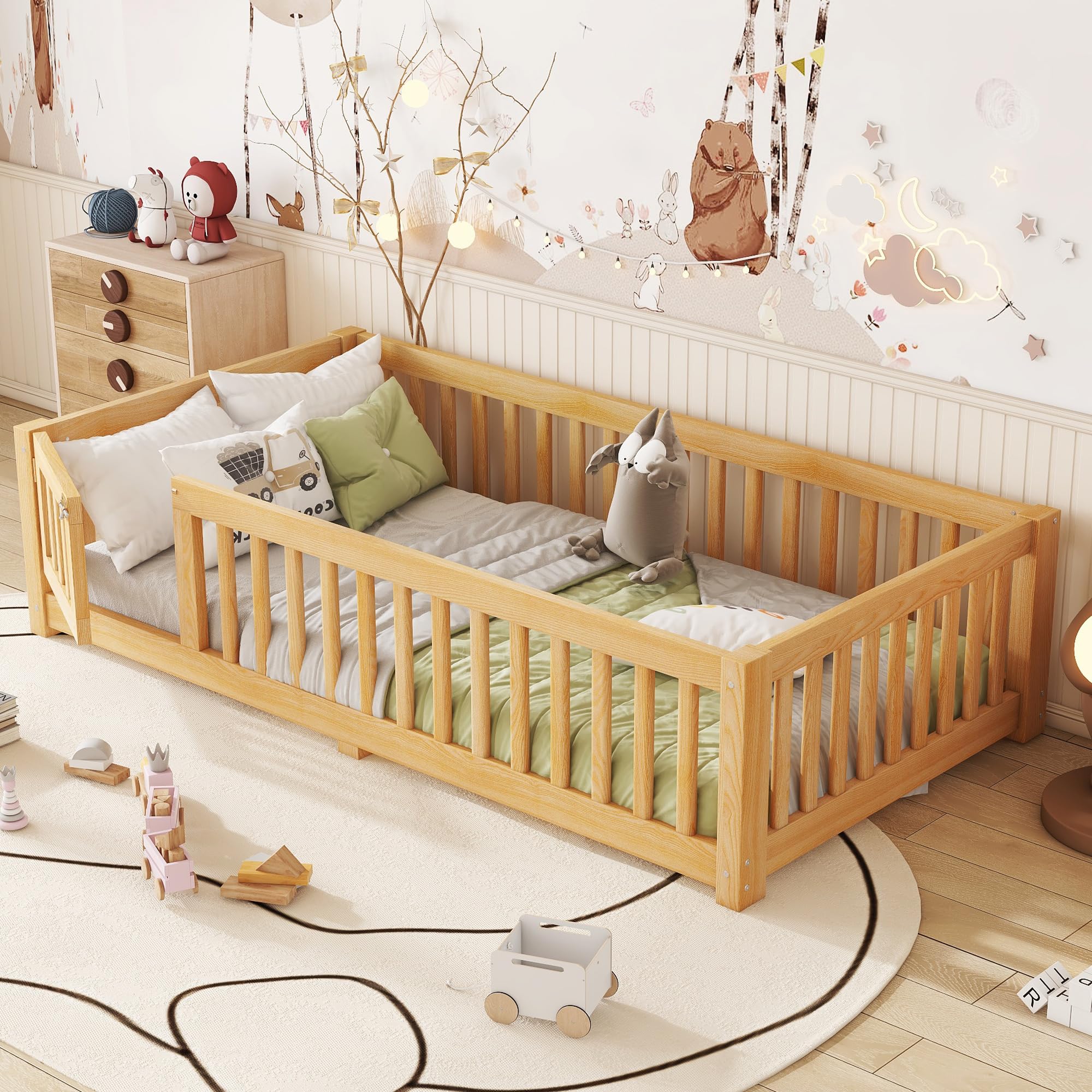 Bellemave Twin Size Floor Bed with Door and Fence for Kids, Montessori Floor Bed with Slats and Safety Guardrails,Solid Wood Twin Bed Frame for Girls Boys(Twin,Natural)