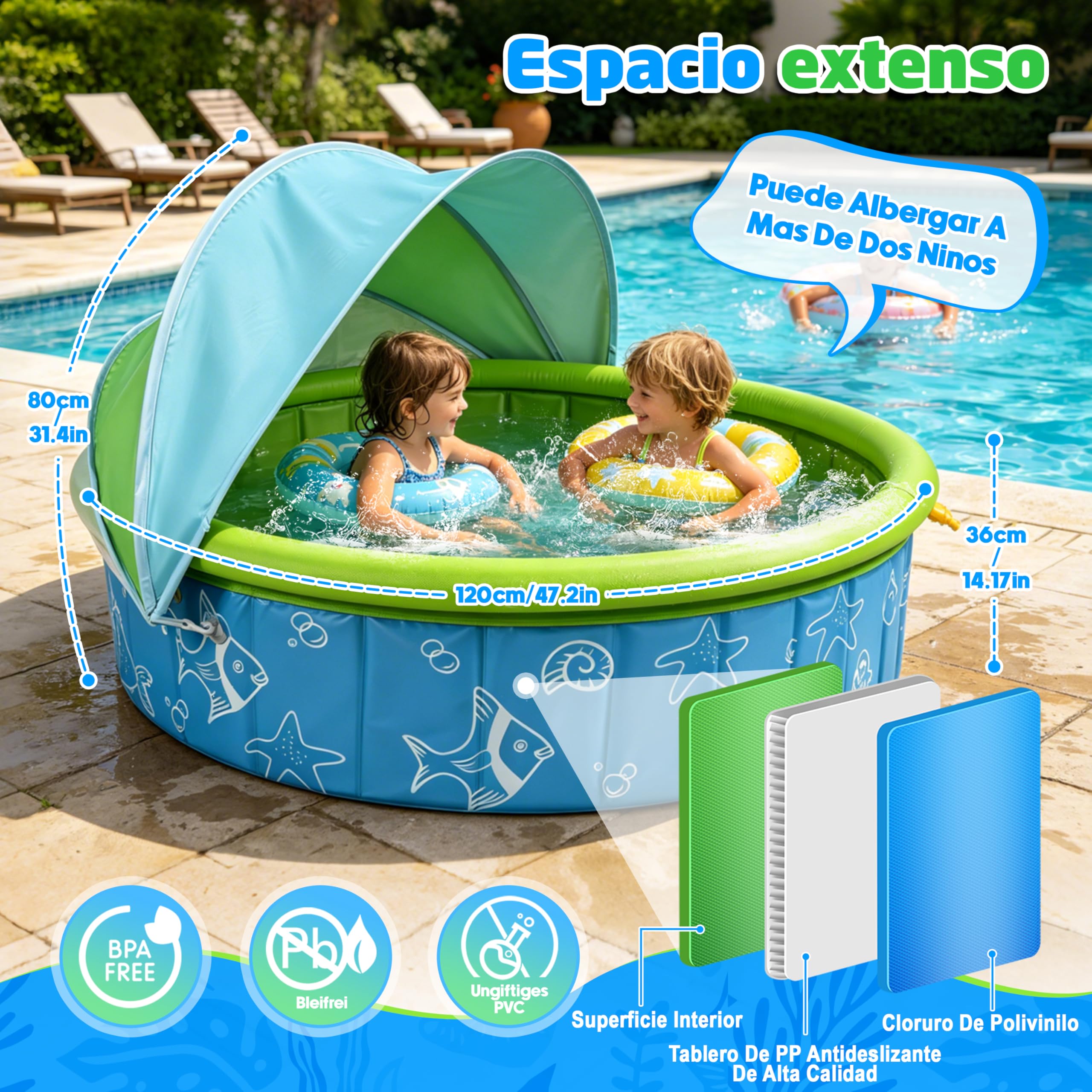 JONRRYIN Piscina para Niños, Piscina Infantil con Toldo y Pulverización Protección UV SPF50+, Tienda de Playa Plegable Portátil para Jardín Playa Picnic 120x36 cm