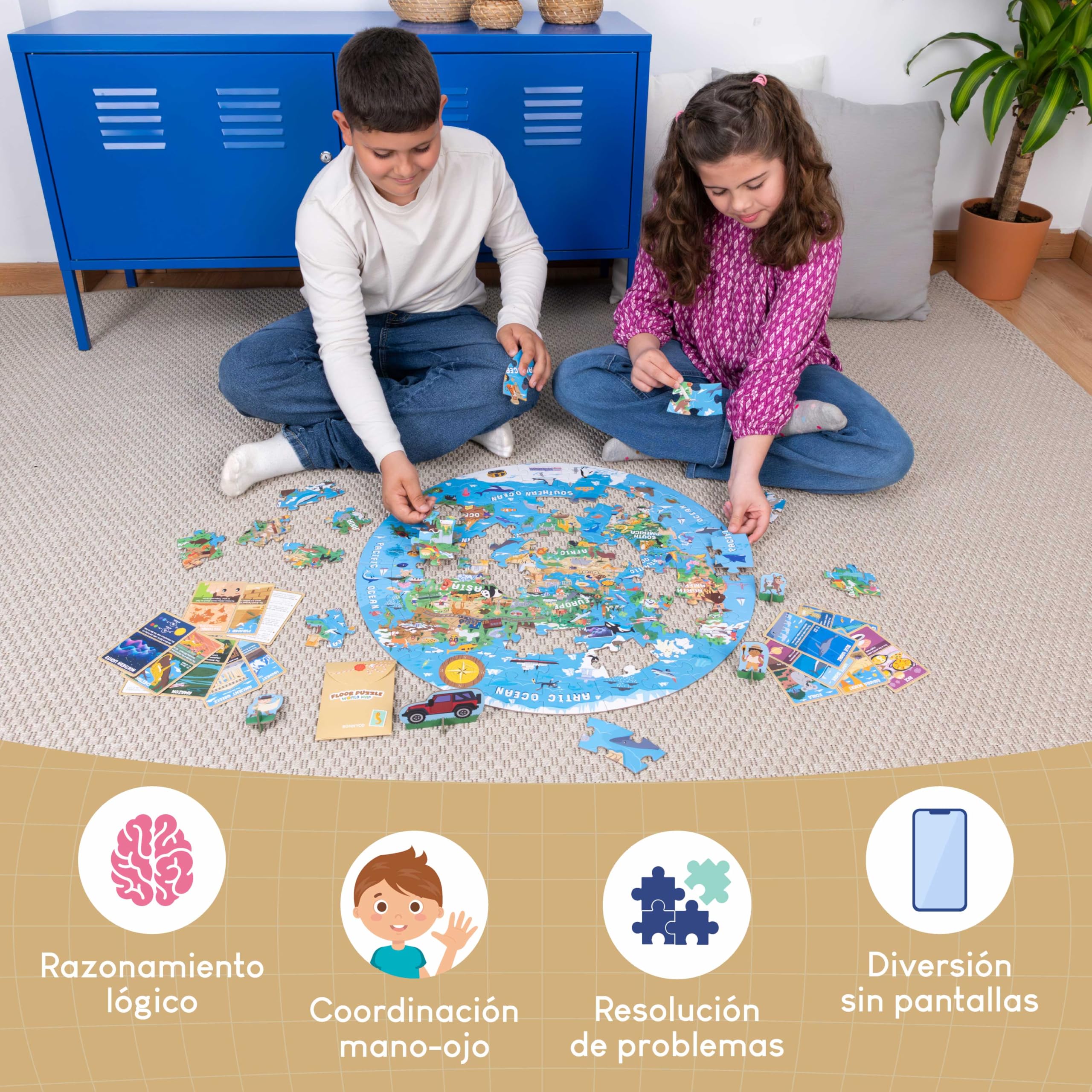 BONNYCO Puzzle XXL Mapa Mundi Niños con 70 Piezas Grandes. Rompecabezas Redondo con Animales, 58 x 58 cm, 15 Tarjetas, 4 Figuras y Guía. Juegos Educativos, Regalos, Juguetes Niños 4 Años