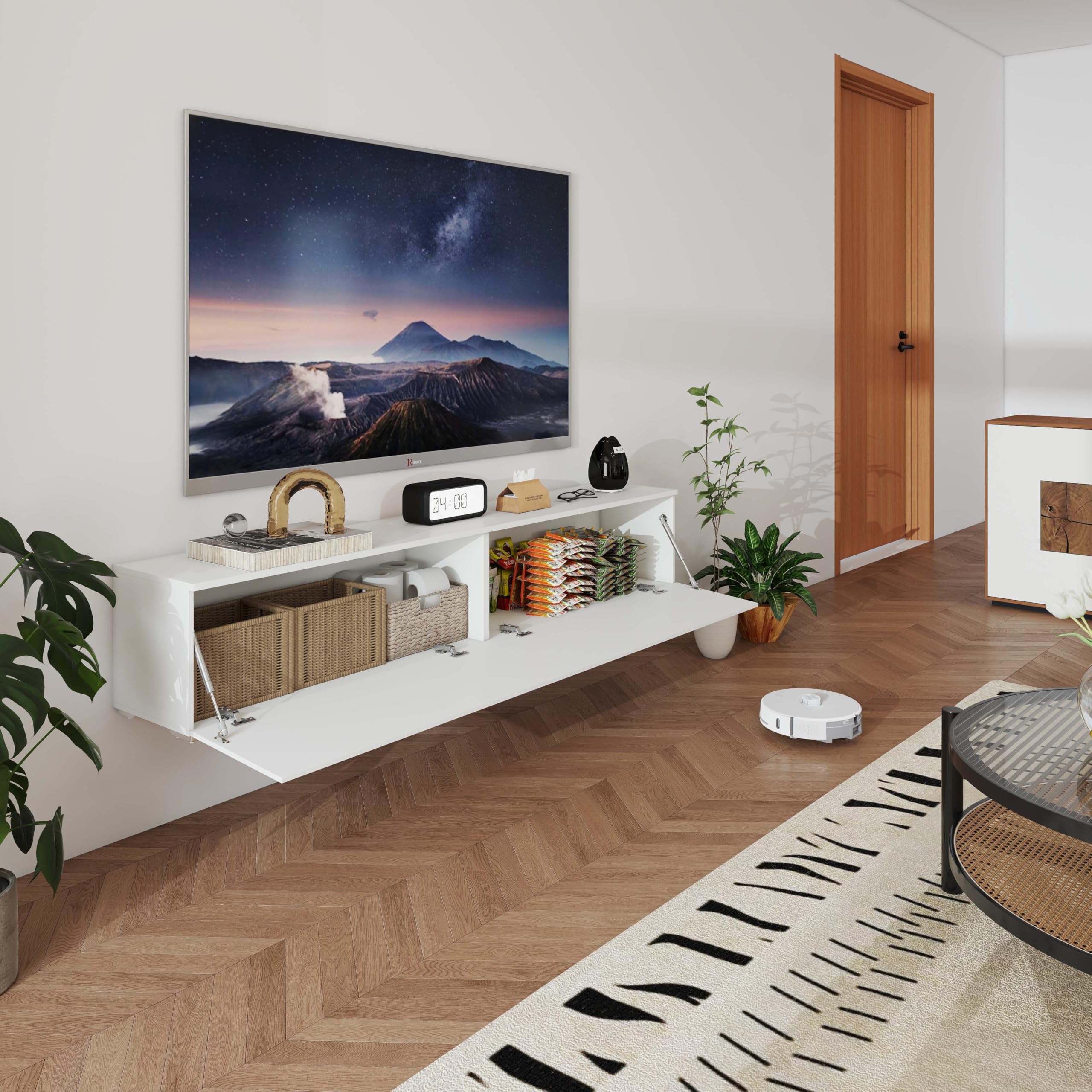 Lowboard mit Fächern, TV Board für Wohnzimmer, Sideboard Weiss, Moderne TV Lowboard, Lowboard Hängend