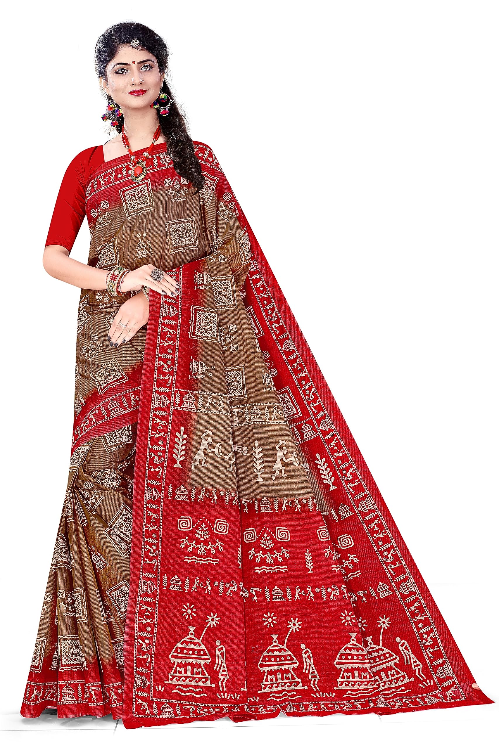 Tamaira Fashion Women's Warli Print Pure Cotton Saree Without Blouse Piece(2467_Coffee)