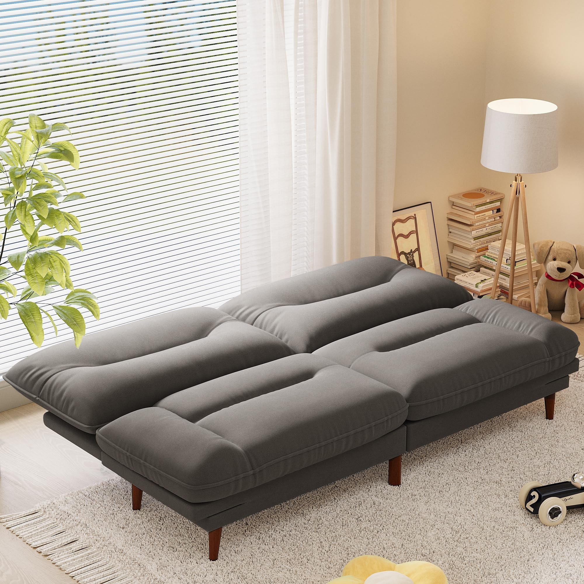 Homall 65'' Futon Sofa Bed, Modern Convertible Loveseat Futon Couch | Sleeper Sofa with Adjustable Backrest & Armrests, Wood Frame Recliner Lounge for Living Room, Apartment | Linen, French Grey