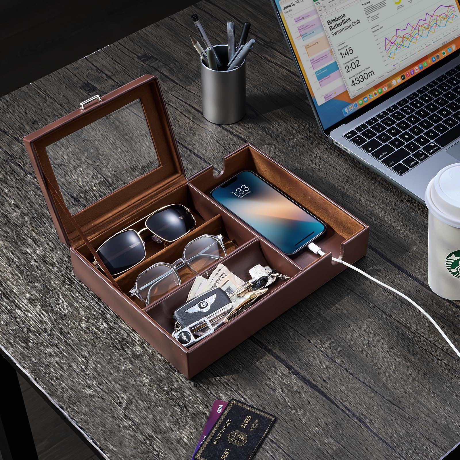 ProCase Svuotatasche Pelle per Uomo Organizer Comodino, Svuotatasche Design Moderno Ingresso -1 Strati, Espresso