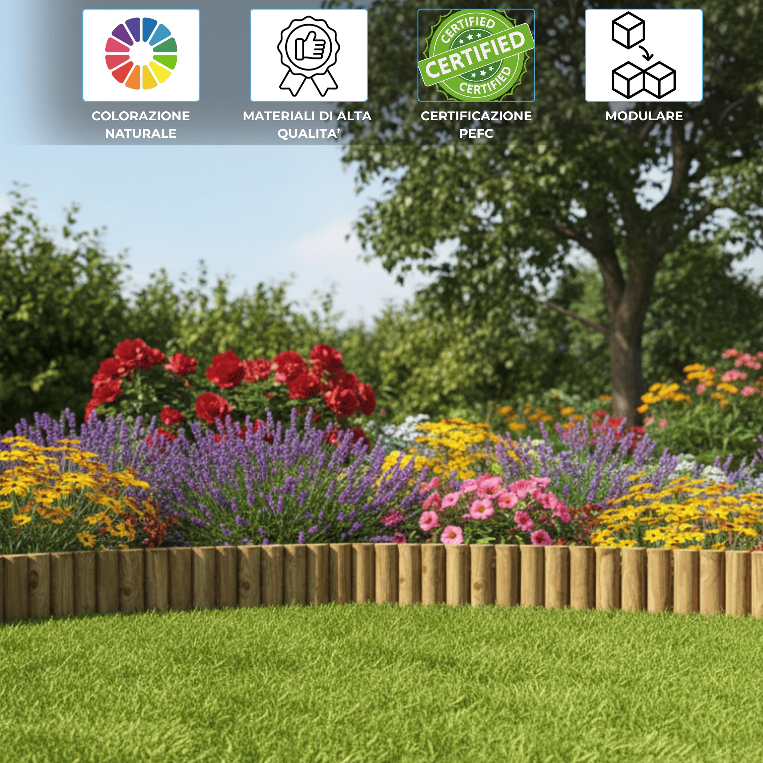 Recinzione in Legno Impregnato Rollborder Bordure con Certificazione PEFC Ideale per Recinzioni,Delimitazione per Aiuole,Prati,Giardino,Piante,Fiori Varie Dimensioni (6x250x30 cm)