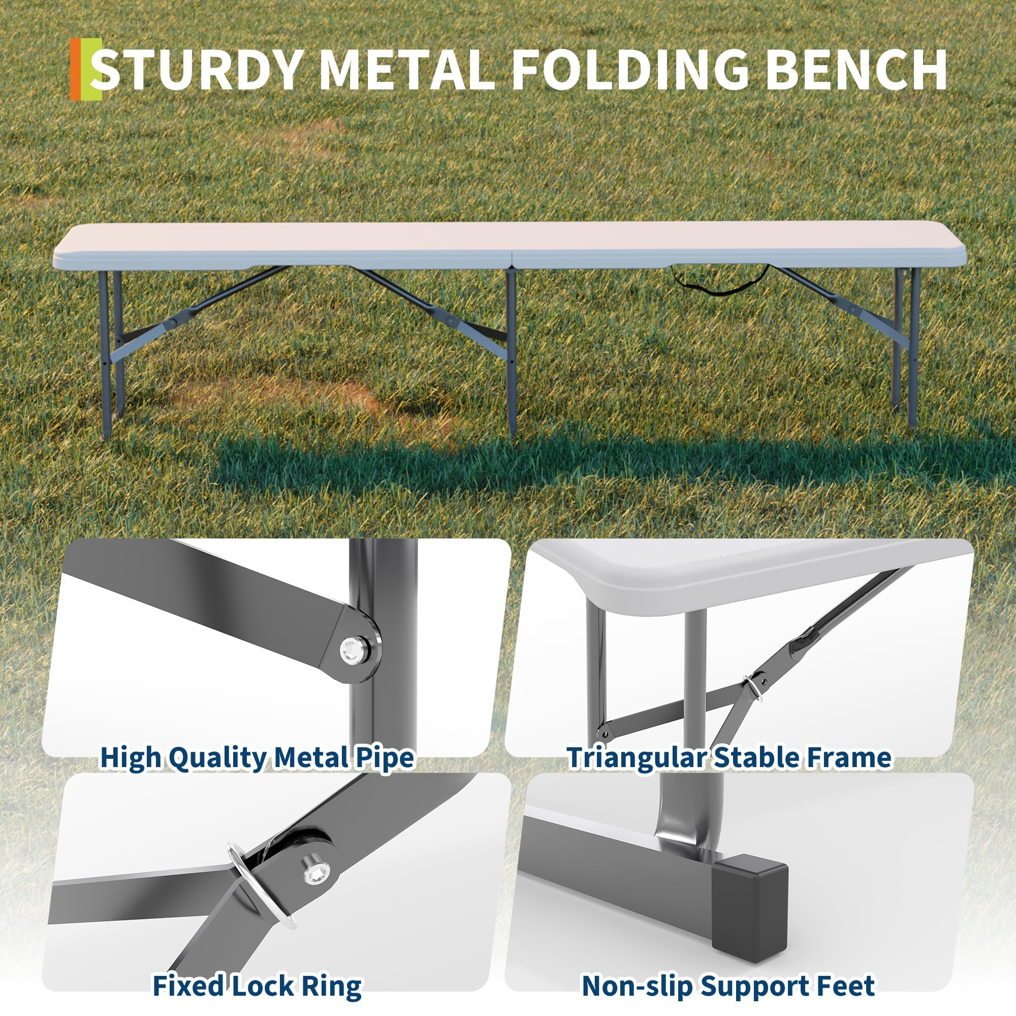 Banc Jardin Pliable HDPE, 183cm, Capacité 172kg | HDPE étanche facile à nettoyer, cadre métal antirouille, verrouillage sécurité, pliable compact avec poignée
