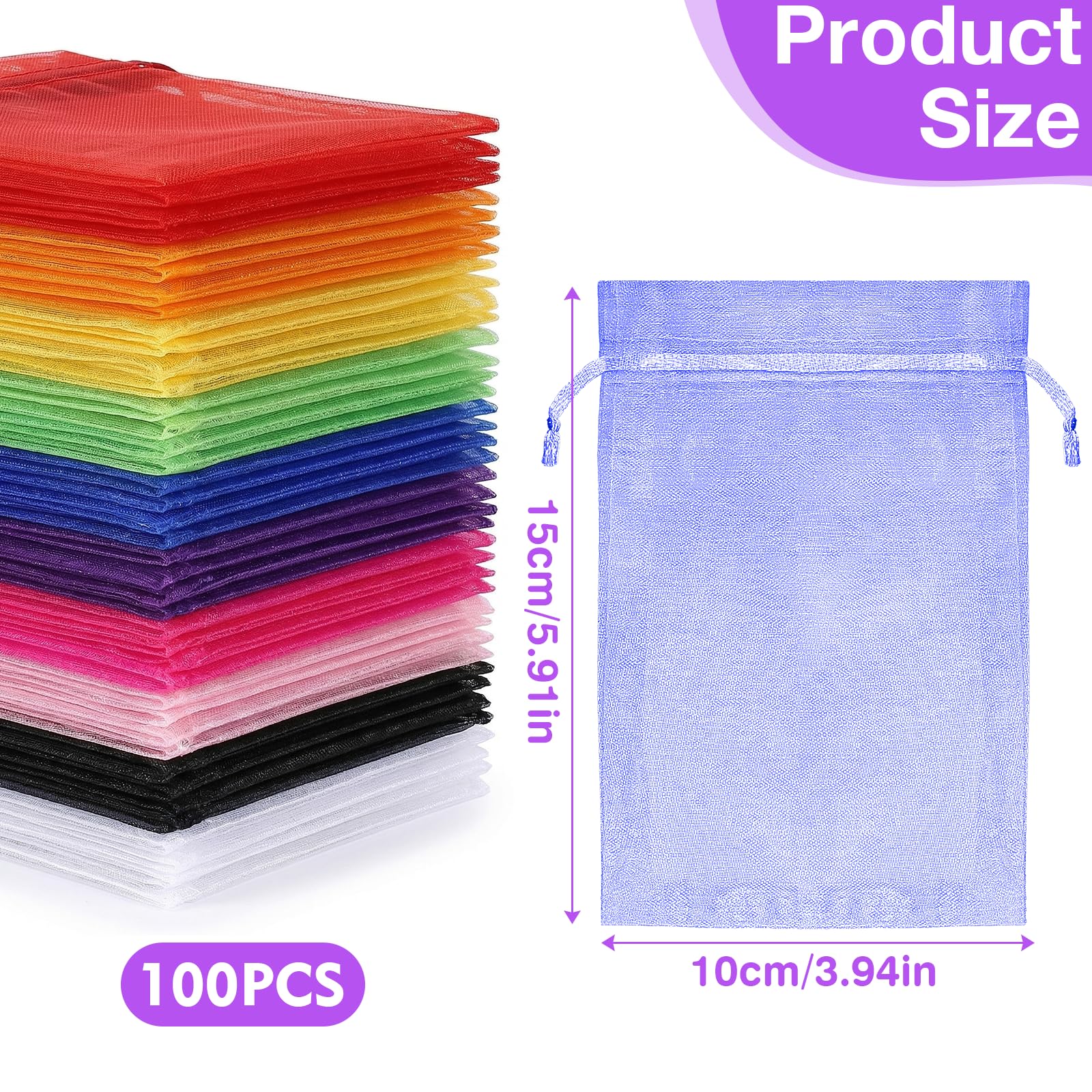 100 Piezas Bolsas de Organza, 10 x 15 CM Bolsas de Joyas, Bolsas de Caramelo con Cordón de Satén Bolsas de Regalo para Bodas,Regalo Decoración Fiestas Boda (Coloridas) — view 2