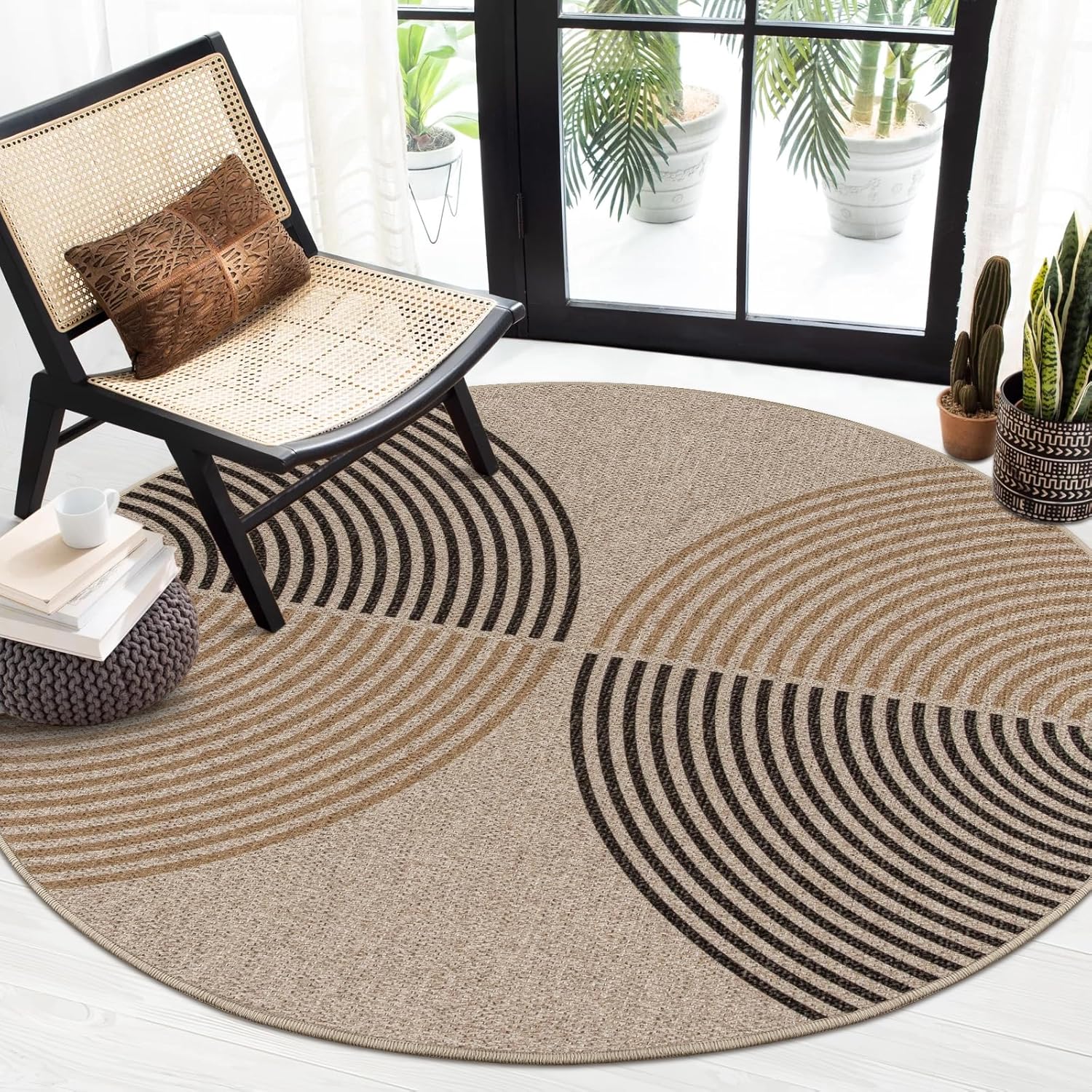 Lahome Modern Rainbow Round Rug, 6ft Easy Jute Circle Patio Rug Washable Indoor Outdoor Rugs for Living Room, Farmhouse Natural Round Area Rug Contemporary Carpet for Entryway Backyard