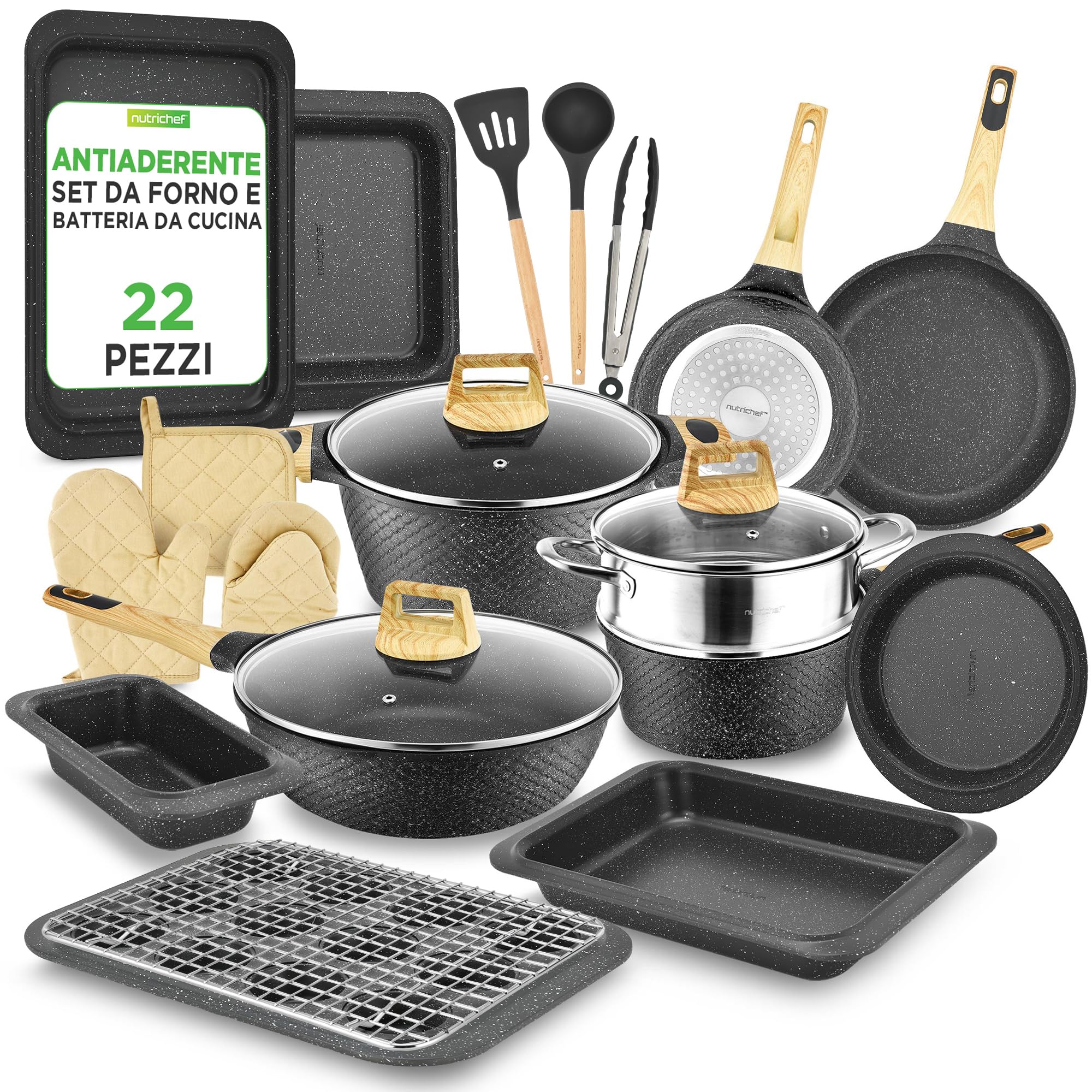 NutriChef Set 22 Pezzi in Marmo Nero Antiaderente con Pentole, Padelle, Teglie da Forno e Utensili Resistenti al Calore, per Cucina Professionale da Casa