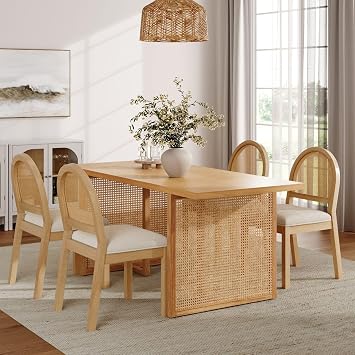 Nathan James Willow Boho Rattan Dining Table Set for 4, Wood Dining Table Set of 4 Upholstered Dining Chairs with Rattan Back and Solid Wood Legs, Cream Boucle/Warm Pine