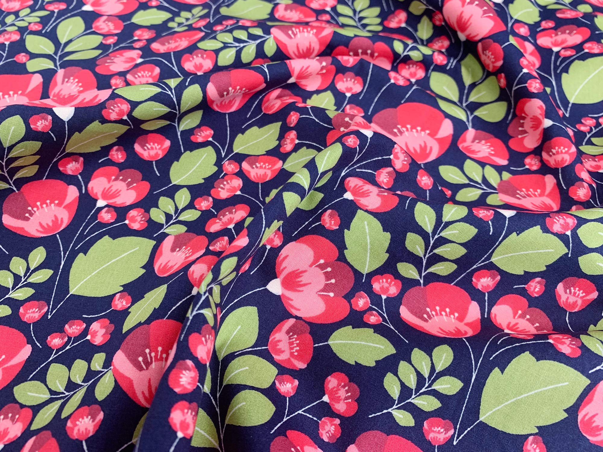 Oddies Blue 100% Cotton Poplin Fabric - Red Poppy Flower Print On Navy Background - Craft Fabric Material By The Metre (Cpo482nav)