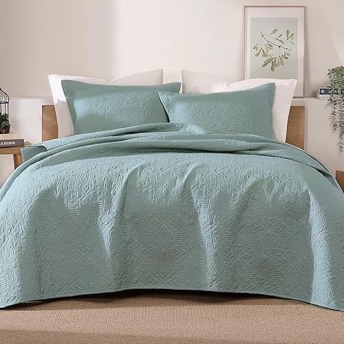 Miniatura 3 de Bed Trip - Juego de ropa de cama Queen de 3 piezas, edredón azul aguamarina, colcha ligera de microfibra en relieve tamaño Queen para todas las
